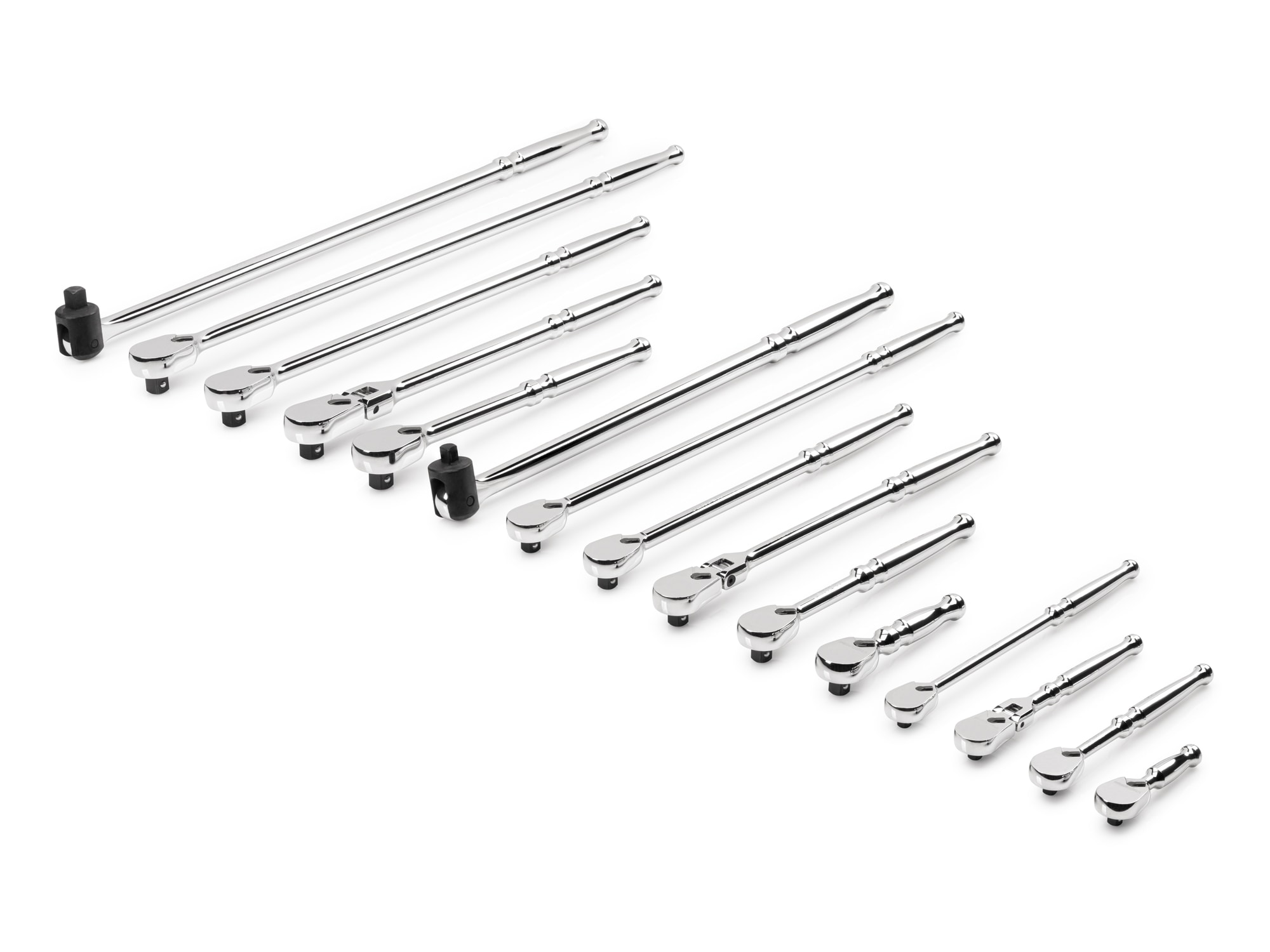 Juego de Matraca con Cabezal Flexible en Manija Pulida de 15 Piezas de 90 Dientes de 1/2, 3/8 y 1/4 Pulgadas de TEKTON