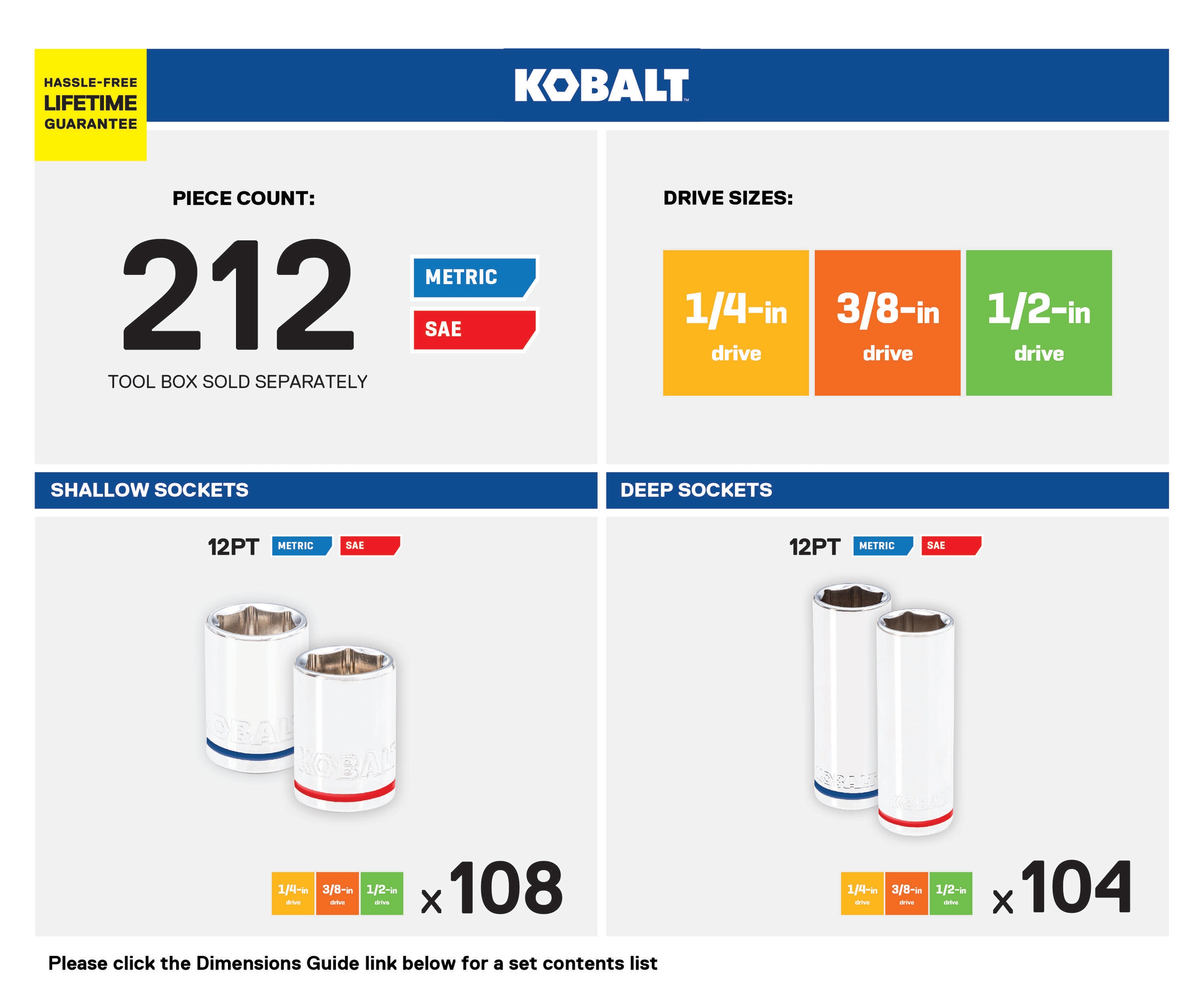 Juego de Llaves de Vaso Rasa y Profunda Kobalt de 1/4 a 1/2 pulgadas, Estándar (SAE) y Métrico, 212 piezas 81797