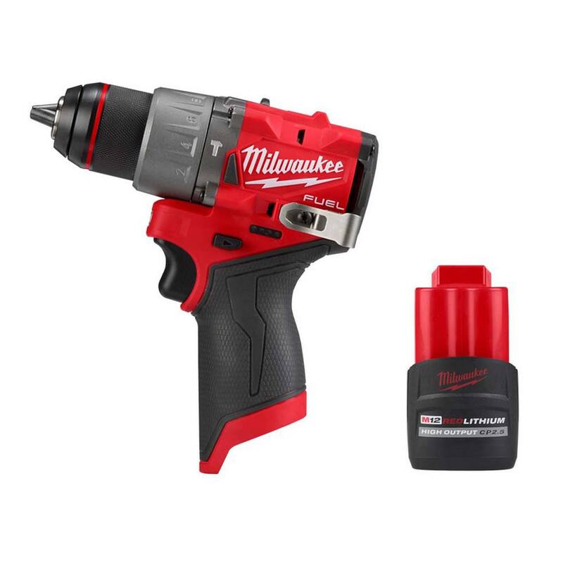 Milwaukee M12 FUEL 12V Taladro Percutor Inalámbrico sin escobillas de 1/2 pulgadas con batería de iones de litio de alto rendimiento de 2.5Ah - 3404-20-48-11-2425