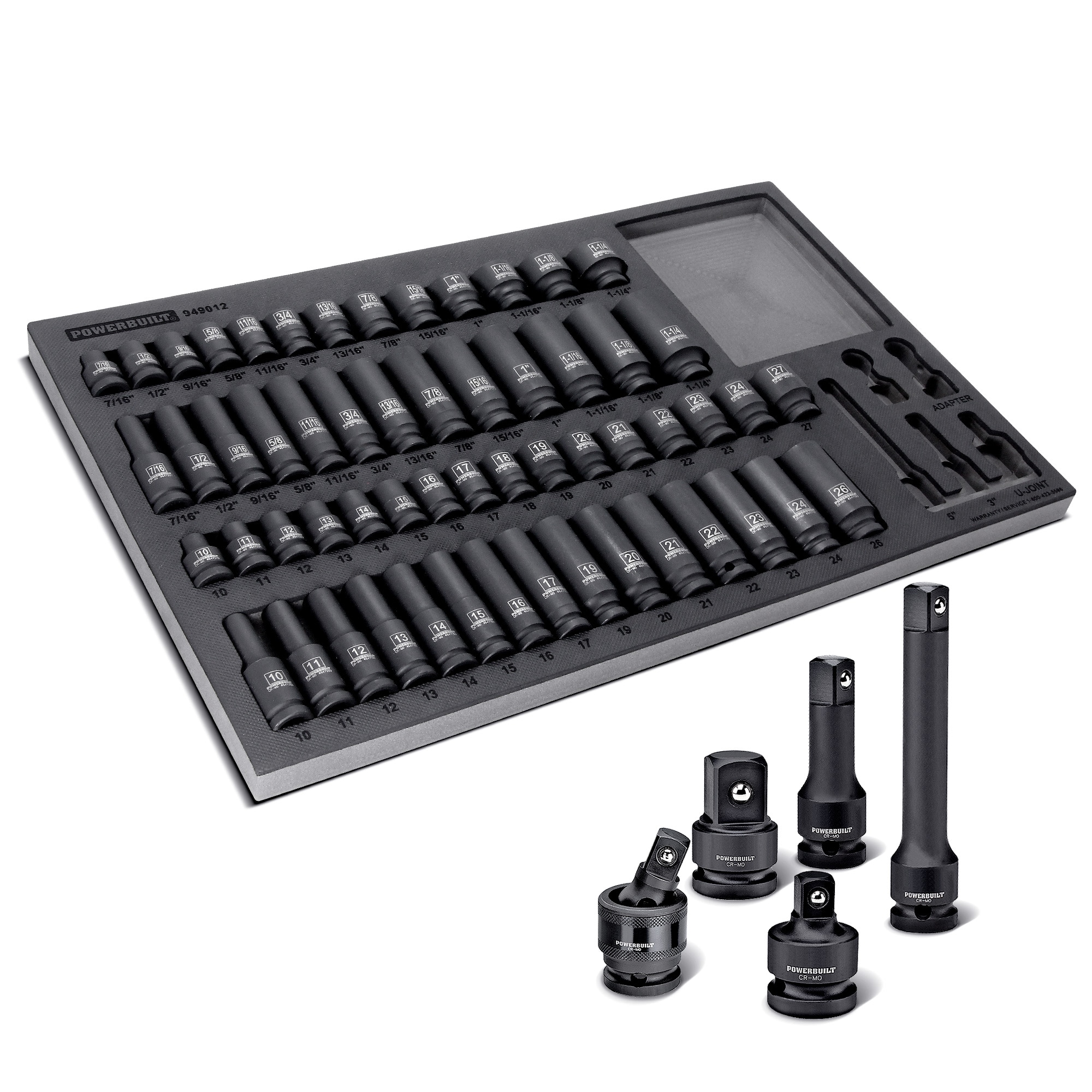 Juego de llaves de vaso rasas y profundas Powerbuilt de 1/2 pulgadas, estándar (SAE) y métricas, 63 piezas 949012