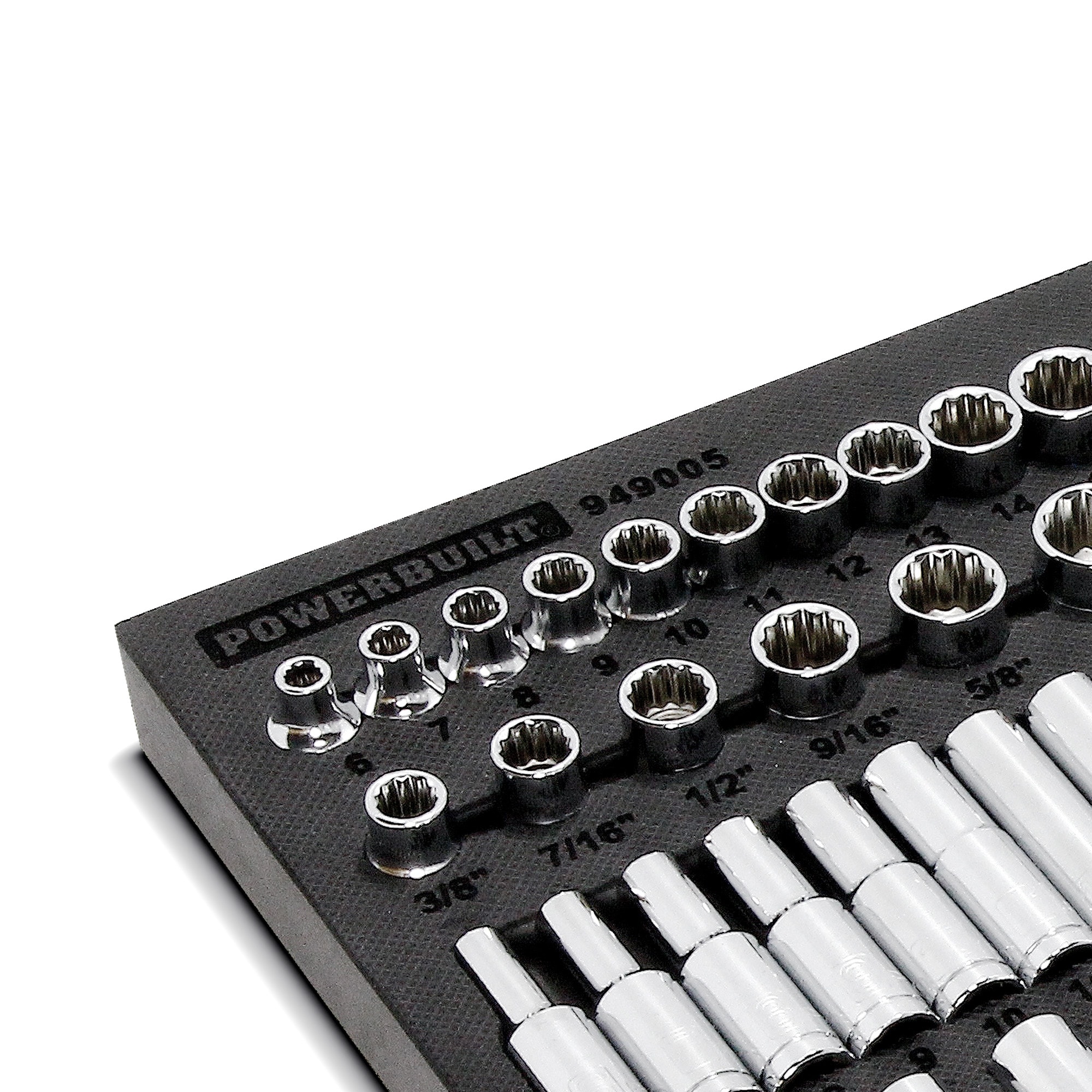 Juego de dados Powerbuilt de 3/8 de pulgada estándar (SAE) y métricos rasos/profundos de 54 piezas 949005.