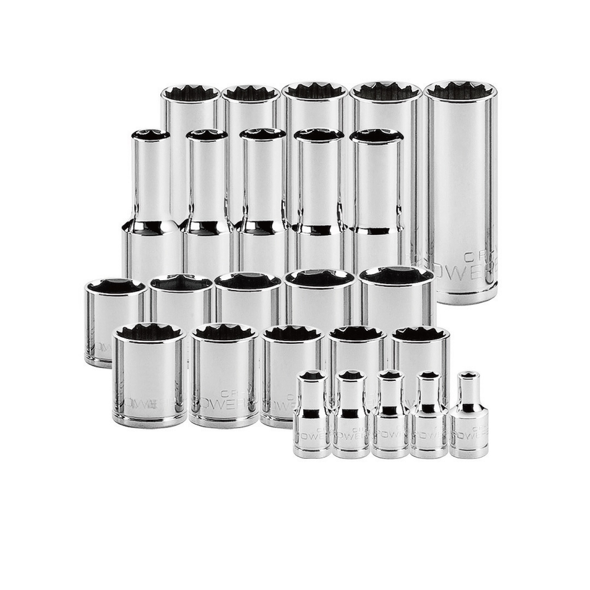 Juego de dados Powerbuilt de 3/8 de pulgada estándar (SAE) y métricos rasos/profundos de 54 piezas 949005.