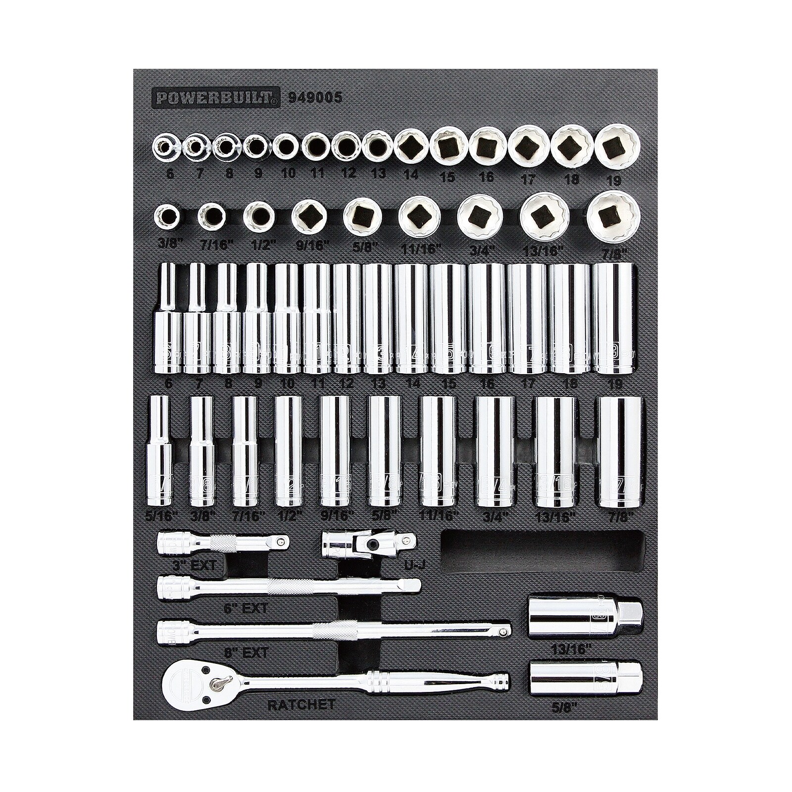 Juego de dados Powerbuilt de 3/8 de pulgada estándar (SAE) y métricos rasos/profundos de 54 piezas 949005.