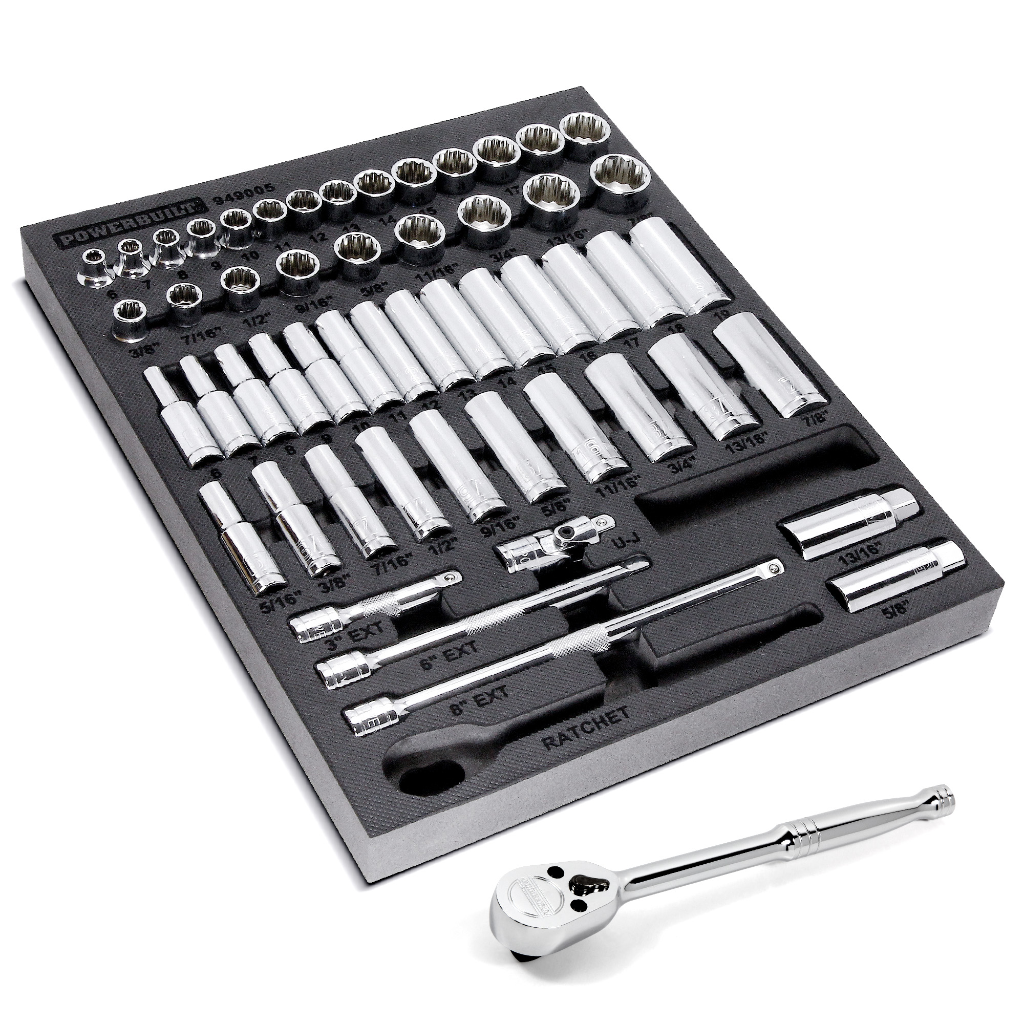 Juego de dados Powerbuilt de 3/8 de pulgada estándar (SAE) y métricos rasos/profundos de 54 piezas 949005.