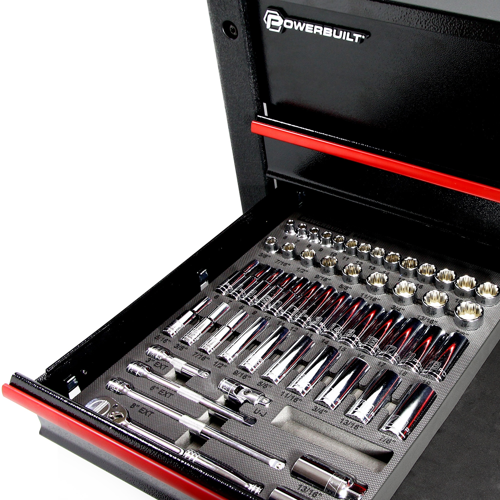 Juego de dados Powerbuilt de 3/8 de pulgada estándar (SAE) y métricos rasos/profundos de 54 piezas 949005.