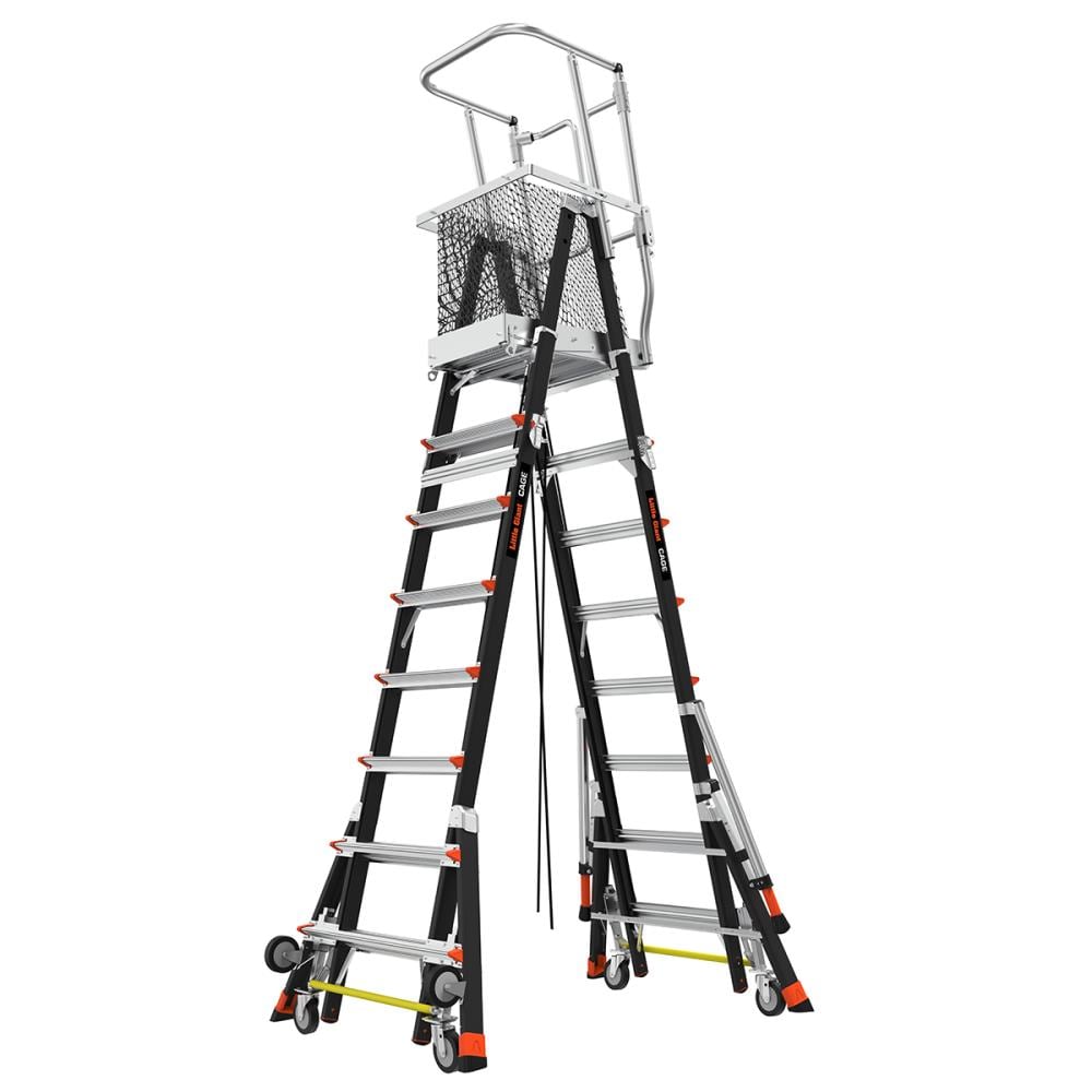 Escalera telescópica de plataforma ajustable con jaula de seguridad Little Giant M8 de 14 pies (altura de alcance de 19.9 pies) Tipo 1AA de fibra de vidrio - Capacidad de carga de 375 lbs.