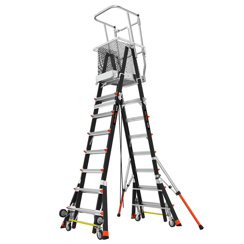 Escalera telescópica de plataforma ajustable con jaula de seguridad Little Giant M8 de 14 pies (altura de alcance de 19.9 pies) Tipo 1AA de fibra de vidrio - Capacidad de carga de 375 lbs.