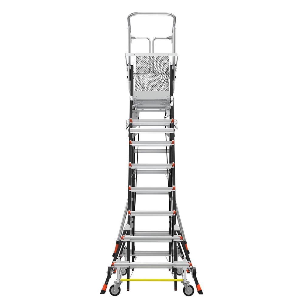 Escalera telescópica de plataforma ajustable con jaula de seguridad Little Giant M8 de 14 pies (altura de alcance de 19.9 pies) Tipo 1AA de fibra de vidrio - Capacidad de carga de 375 lbs.