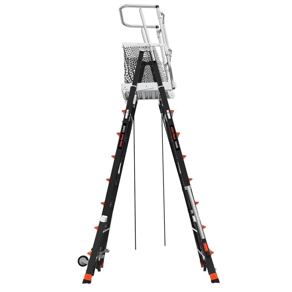 Escalera telescópica de plataforma ajustable con jaula de seguridad Little Giant M8 de 14 pies (altura de alcance de 19.9 pies) Tipo 1AA de fibra de vidrio - Capacidad de carga de 375 lbs.