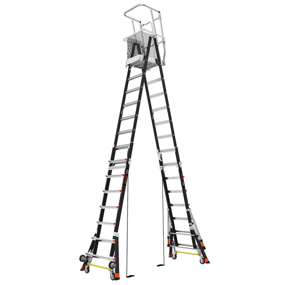 Escalera telescópica de plataforma ajustable con jaula de seguridad Little Giant M8 de 14 pies (altura de alcance de 19.9 pies) Tipo 1AA de fibra de vidrio - Capacidad de carga de 375 lbs.