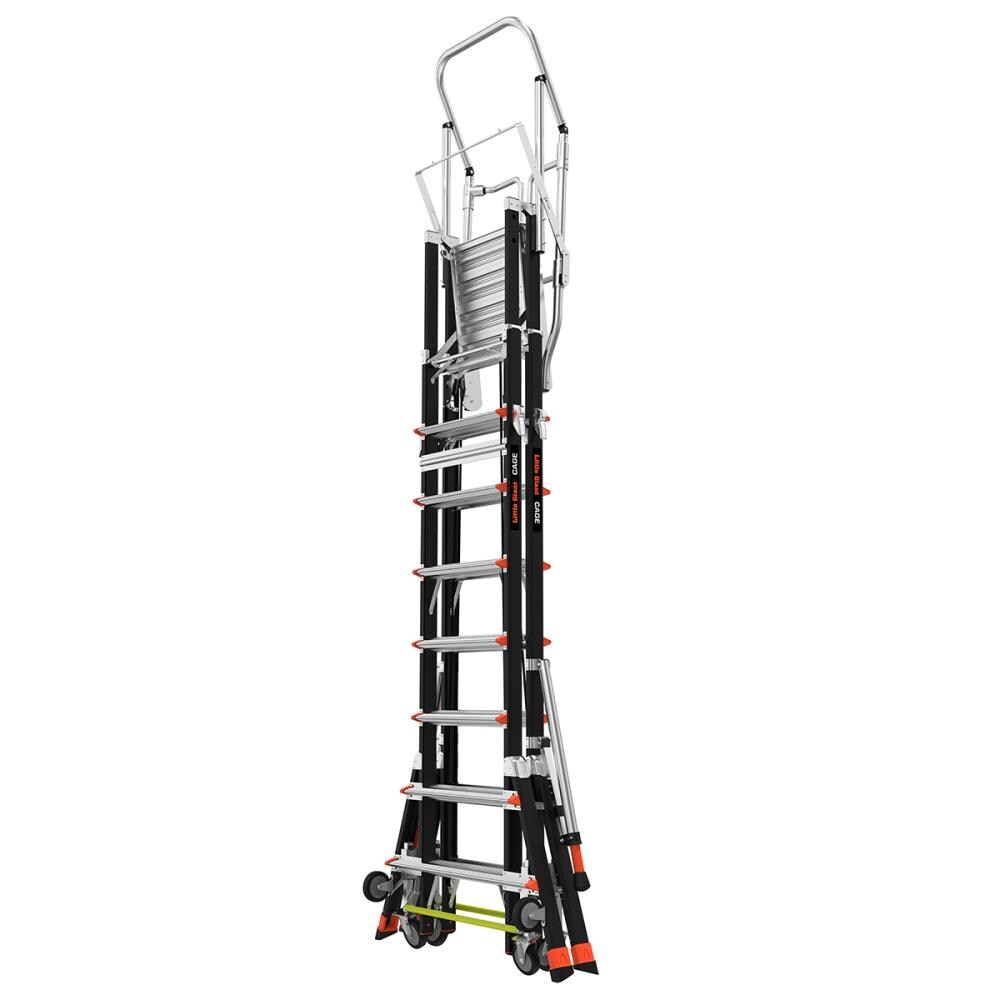 Escalera telescópica de plataforma ajustable con jaula de seguridad Little Giant M8 de 14 pies (altura de alcance de 19.9 pies) Tipo 1AA de fibra de vidrio - Capacidad de carga de 375 lbs.