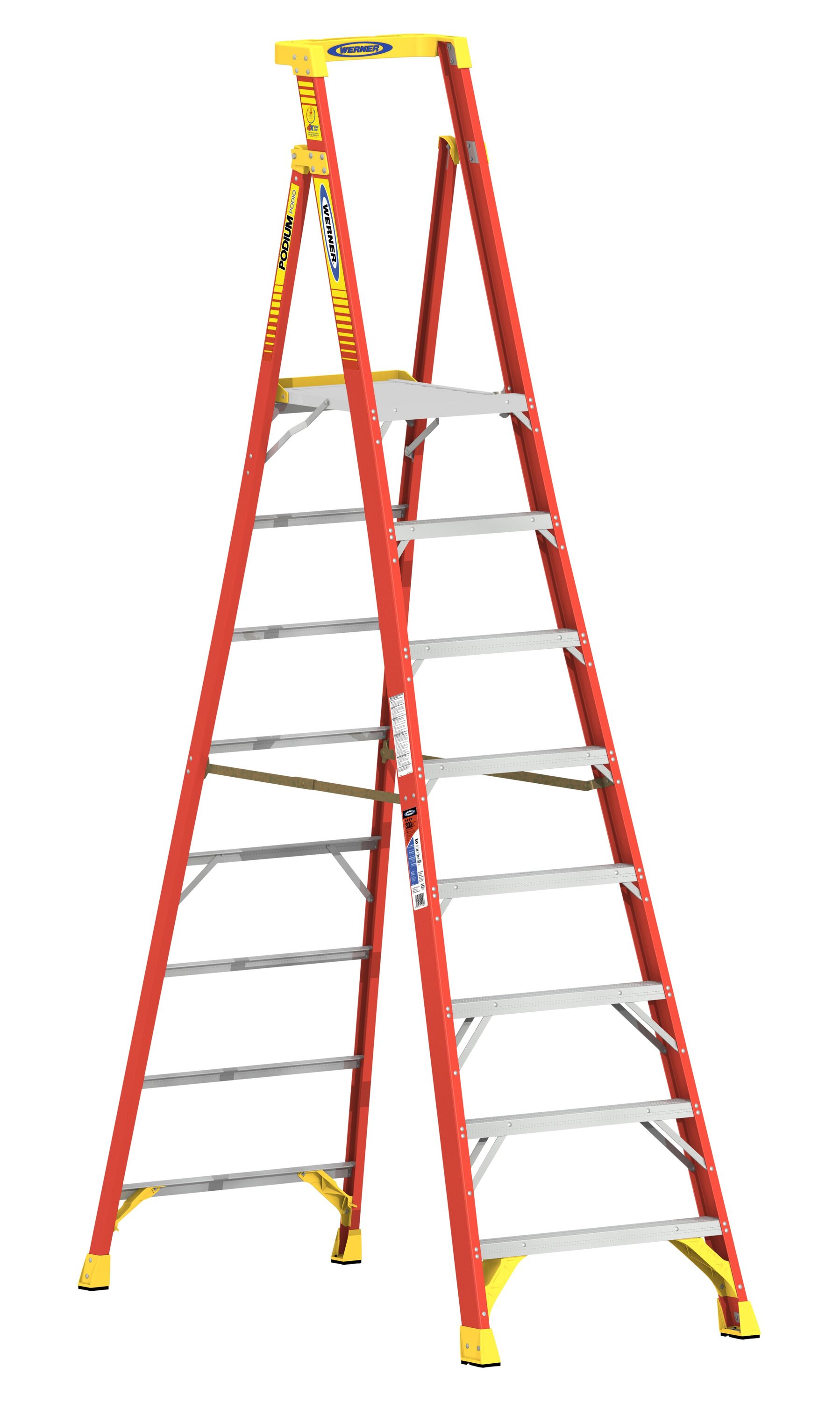 Escalera de plataforma PD6208 de fibra de vidrio de 11 pies (altura de alcance de 14 pies) Tipo 1A con capacidad de carga de 300 libras Werner.