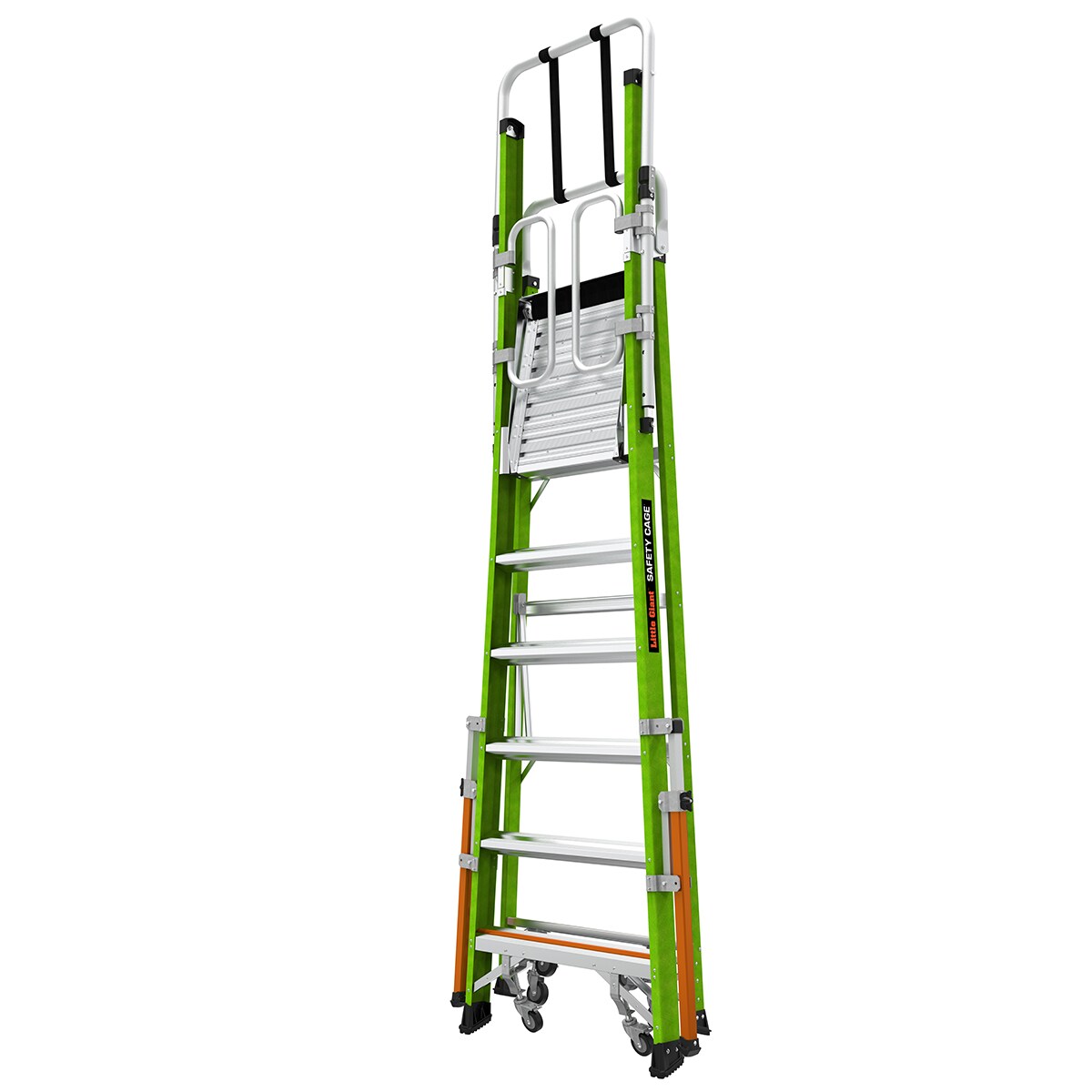 Escalerilla con jaula de seguridad Little Giant Ladders 1.55 m (3.69 m de altura) Tipo 1AA de fibra de vidrio - Capacidad de carga de 375 lbs. Escalerilla de plataforma 19706-146