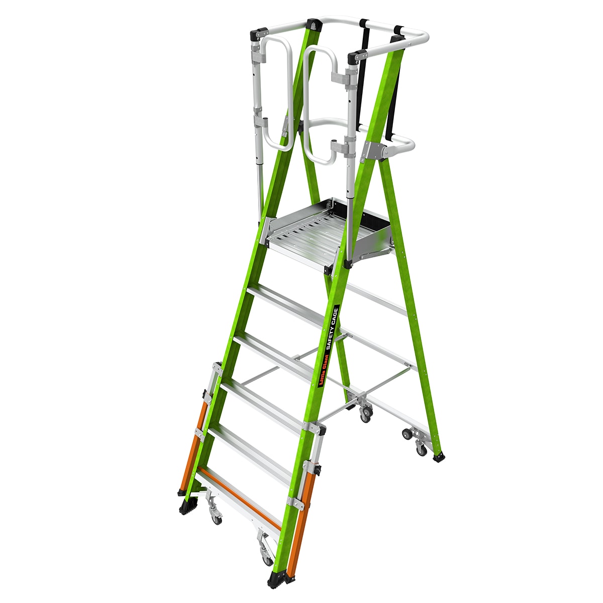 Escalerilla con jaula de seguridad Little Giant Ladders 1.55 m (3.69 m de altura) Tipo 1AA de fibra de vidrio - Capacidad de carga de 375 lbs. Escalerilla de plataforma 19706-146
