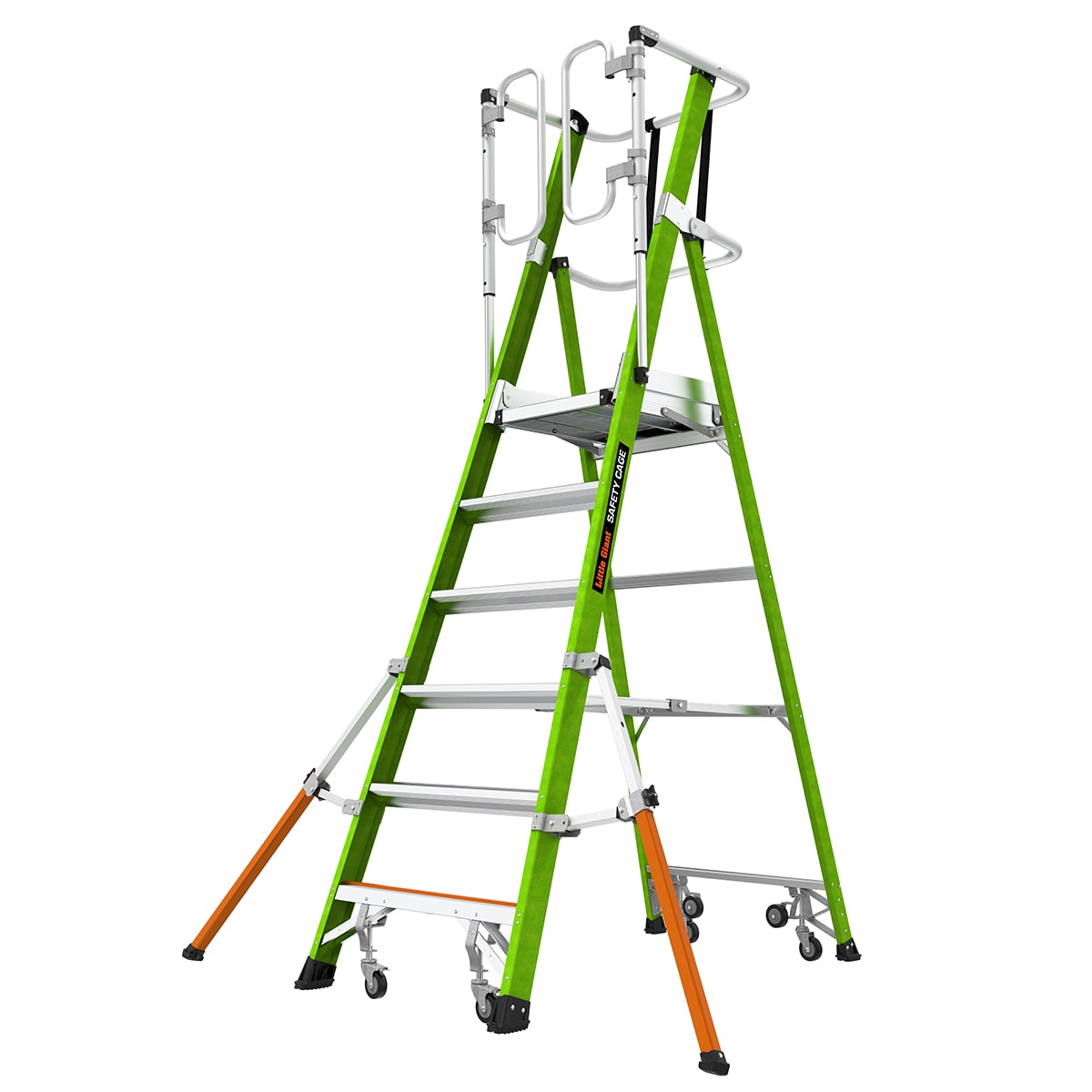 Escalerilla con jaula de seguridad Little Giant Ladders 1.55 m (3.69 m de altura) Tipo 1AA de fibra de vidrio - Capacidad de carga de 375 lbs. Escalerilla de plataforma 19706-146