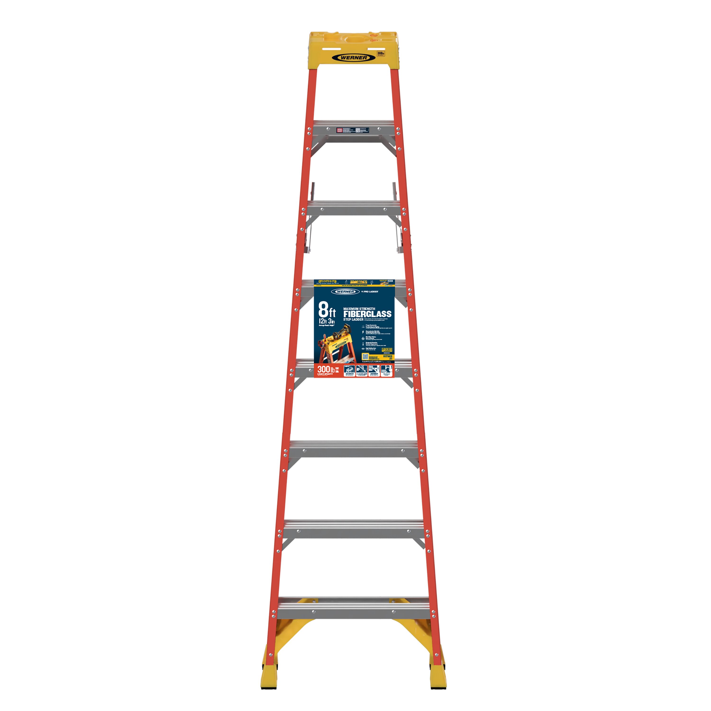 Escalera de fibra de vidrio tipo 1A de 8 pies (altura de alcance de 12 pies) Werner NXT1A con capacidad de carga de 300 libras.
