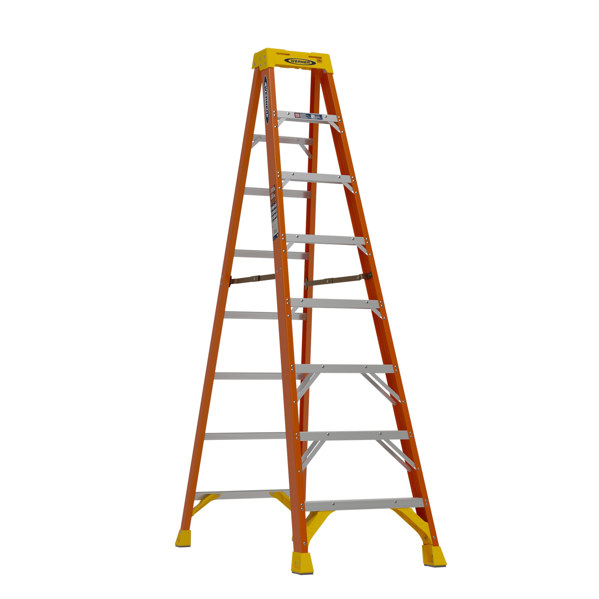 Escalera de fibra de vidrio tipo 1A de 8 pies (altura de alcance de 12 pies) Werner NXT1A con capacidad de carga de 300 libras.