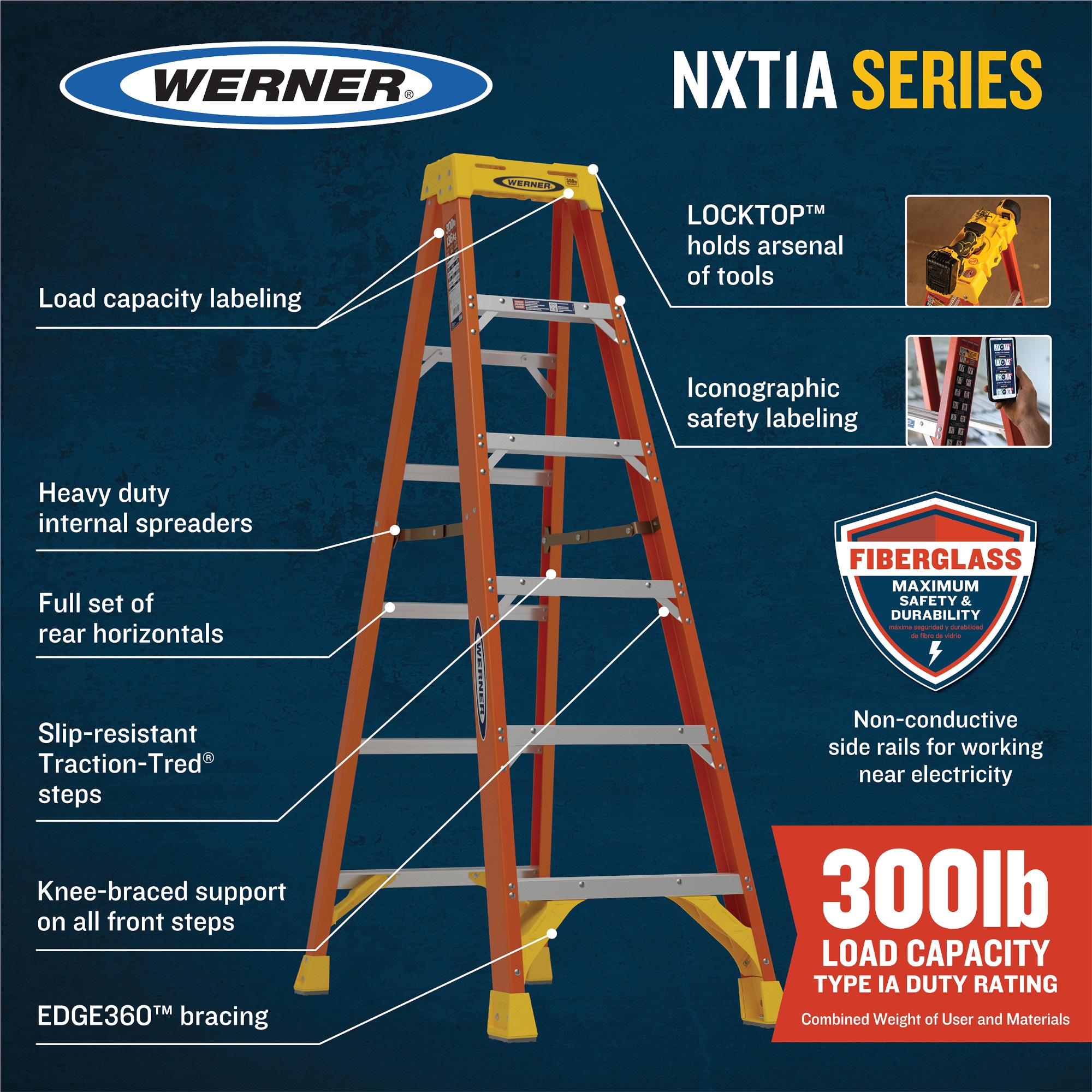 Escalera de fibra de vidrio tipo 1A de 10 pies (altura de alcance de 14 pies) con capacidad de carga de 300 lb Werner NXT1A10