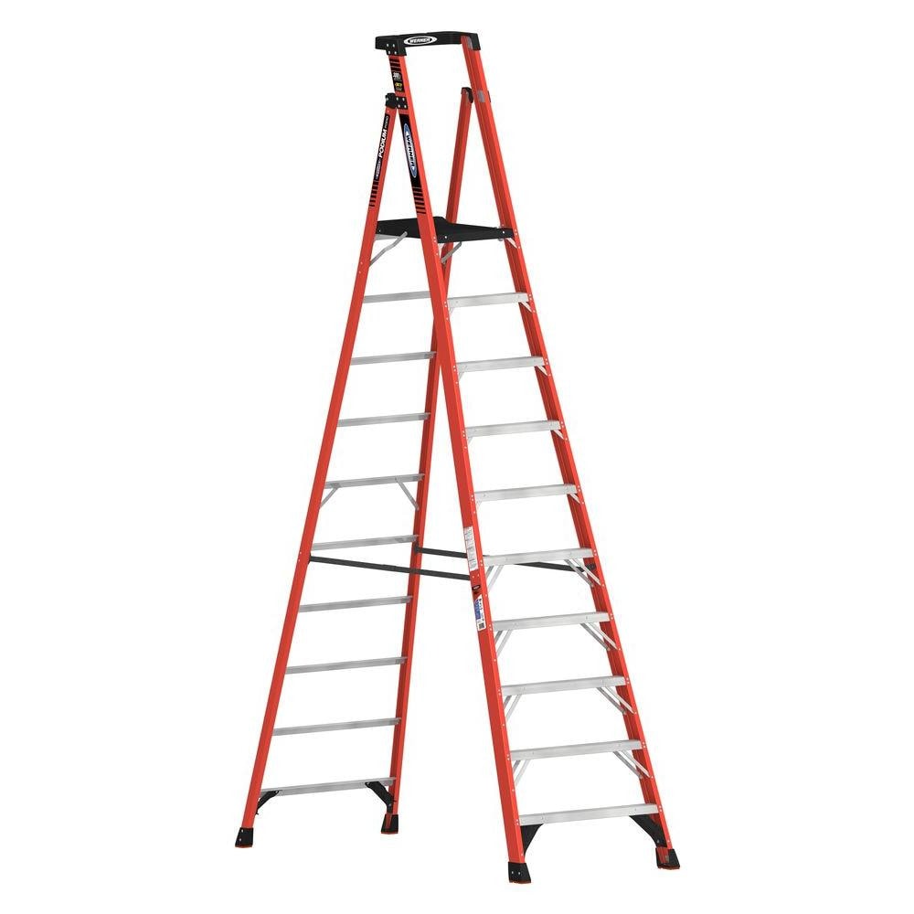 Escalera de plataforma fibra de vidrio de 12 pies (altura de alcance de 16 pies) Tipo 1A con capacidad de carga de 300 lbs. Modelo PDIA10