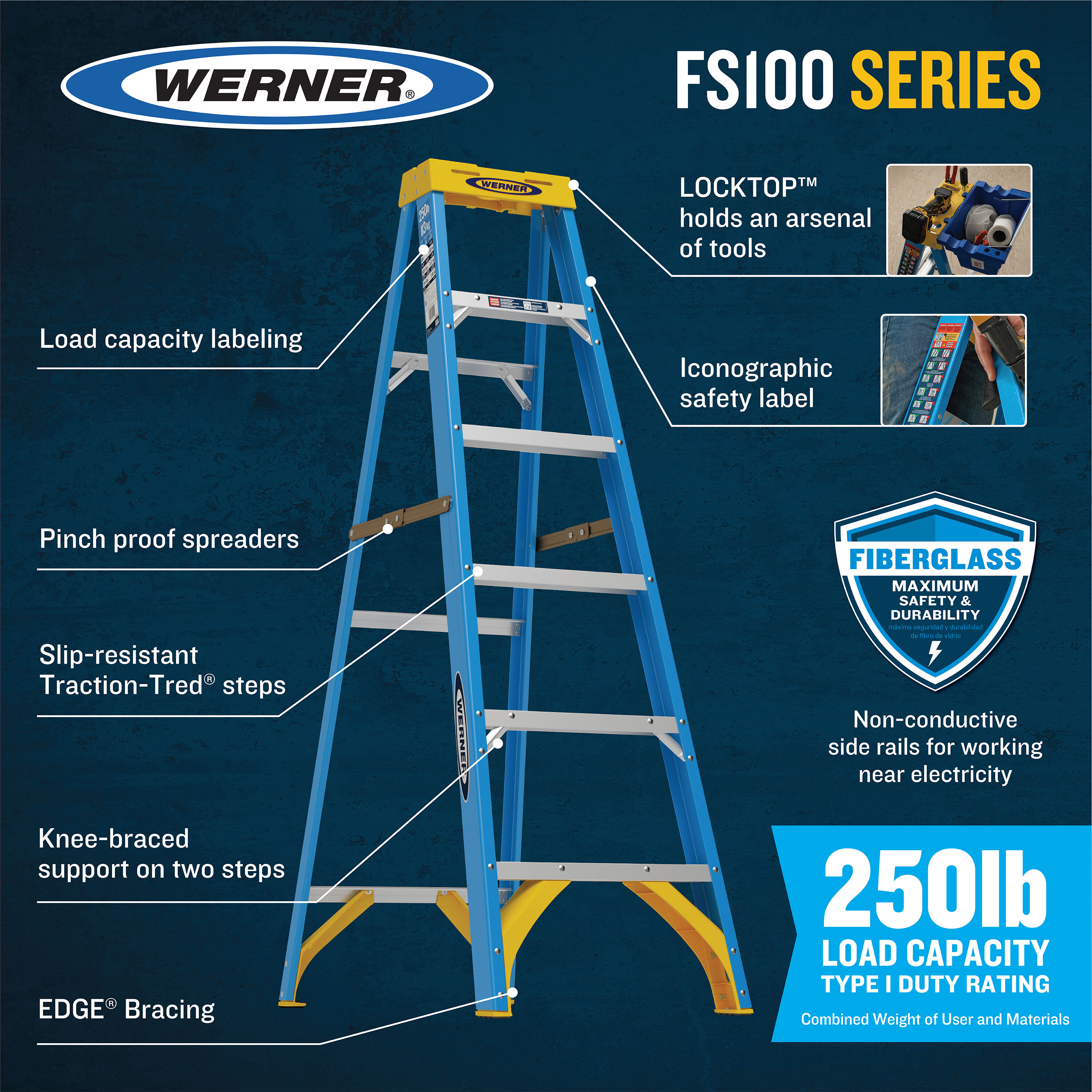 Escalera de tijera de fibra de vidrio de 4 pies (altura de alcance de 8 pies) tipo 1 - Capacidad de carga de 250 lbs. Modelo FS104