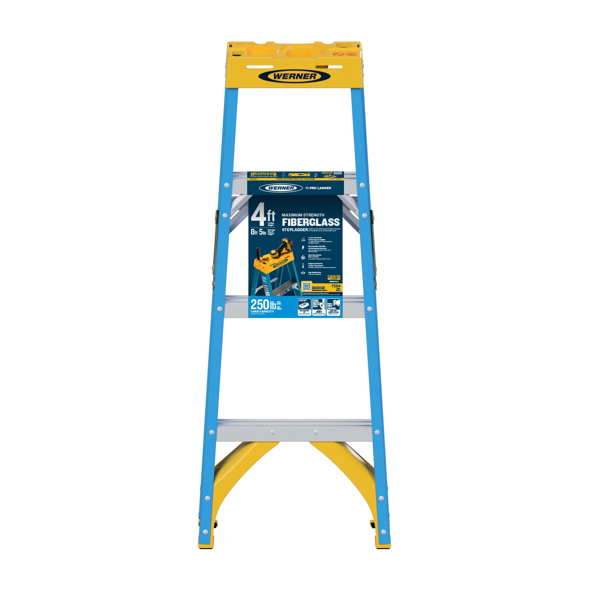 Escalera de tijera de fibra de vidrio de 4 pies (altura de alcance de 8 pies) tipo 1 - Capacidad de carga de 250 lbs. Modelo FS104