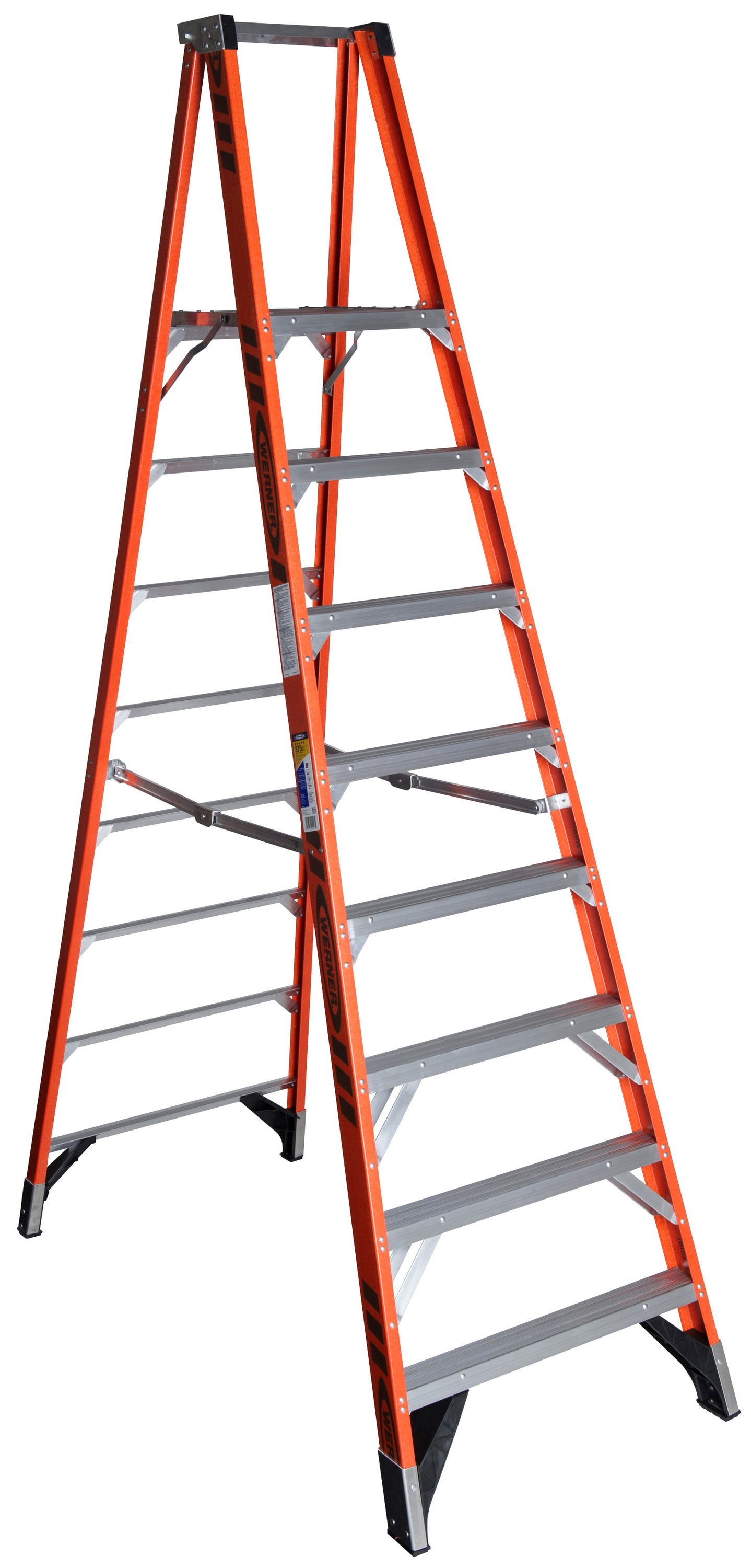 Escalera de plataforma tipo 1AA de fibra de vidrio de 10 pies (14 pies de altura de alcance) con capacidad de carga de 375 lbs. Werner P7408