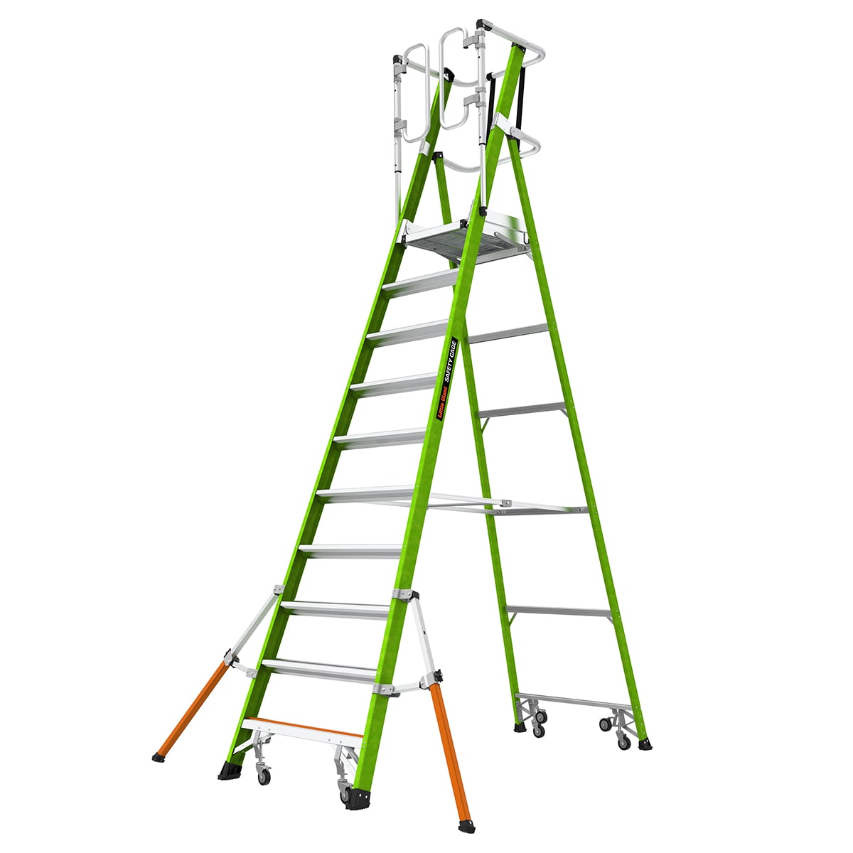 Escalera de plataforma con jaula de seguridad de Little Giant Ladders de 10 pies (15.1 pies de altura alcanzable) Tipo 1A de fibra de vidrio con capacidad de carga de 300 libras.
