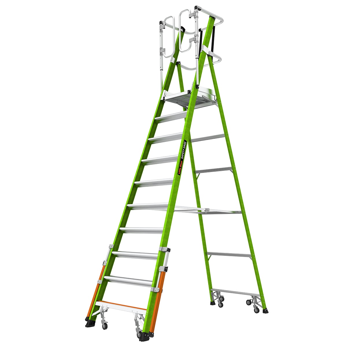 Escalera de plataforma con jaula de seguridad de Little Giant Ladders de 10 pies (15.1 pies de altura alcanzable) Tipo 1A de fibra de vidrio con capacidad de carga de 300 libras.