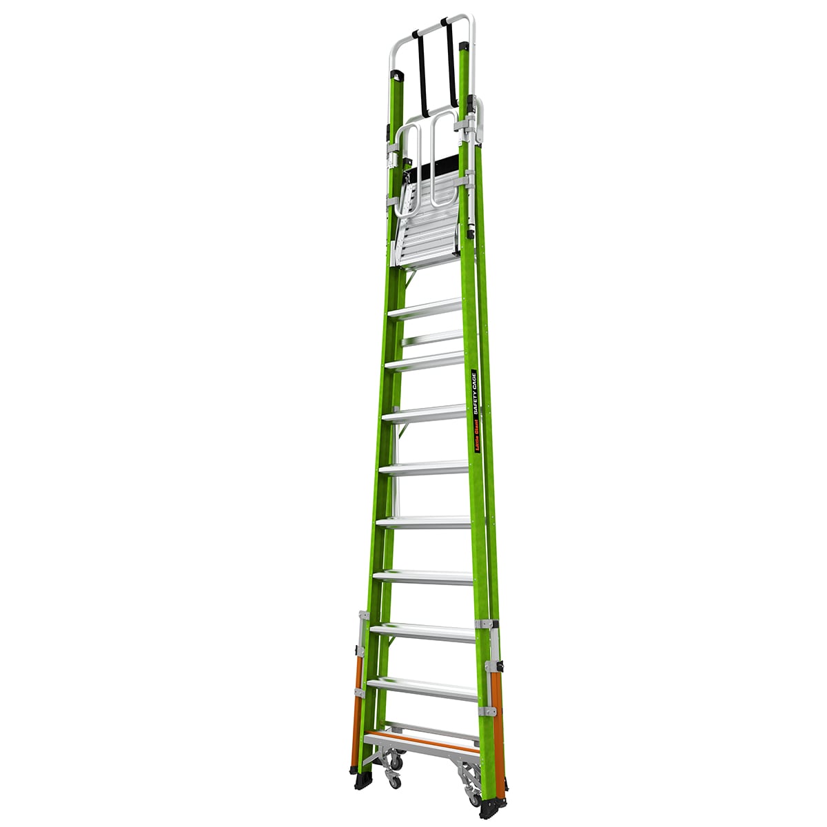 Escalera de plataforma con jaula de seguridad de Little Giant Ladders de 10 pies (15.1 pies de altura alcanzable) Tipo 1A de fibra de vidrio con capacidad de carga de 300 libras.