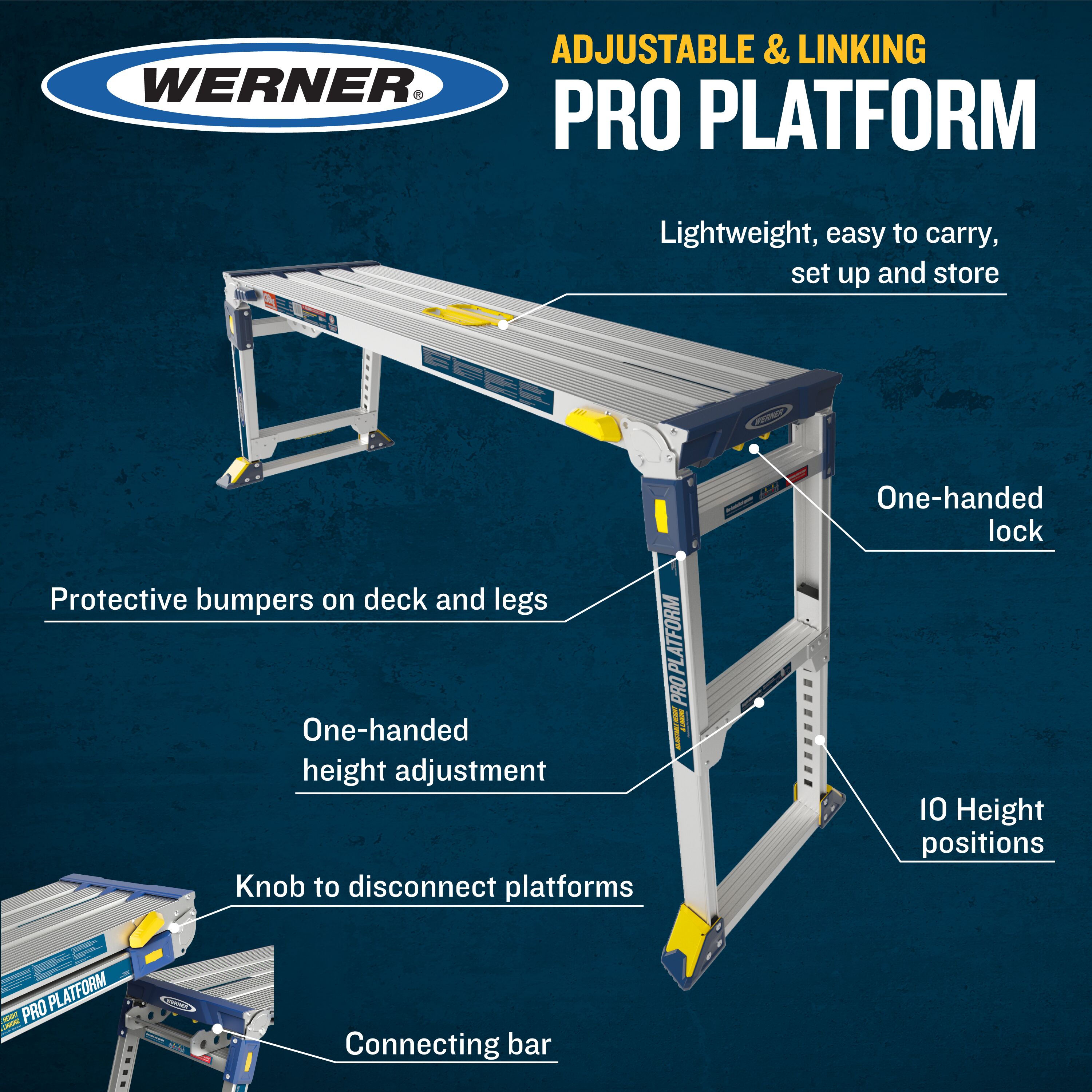 Plataforma de trabajo Werner Pro Linking de Aluminio de 1.7 pies de alto x 3.9 pies de largo con capacidad de 300 libras - Modelo AP-2030L-MP2