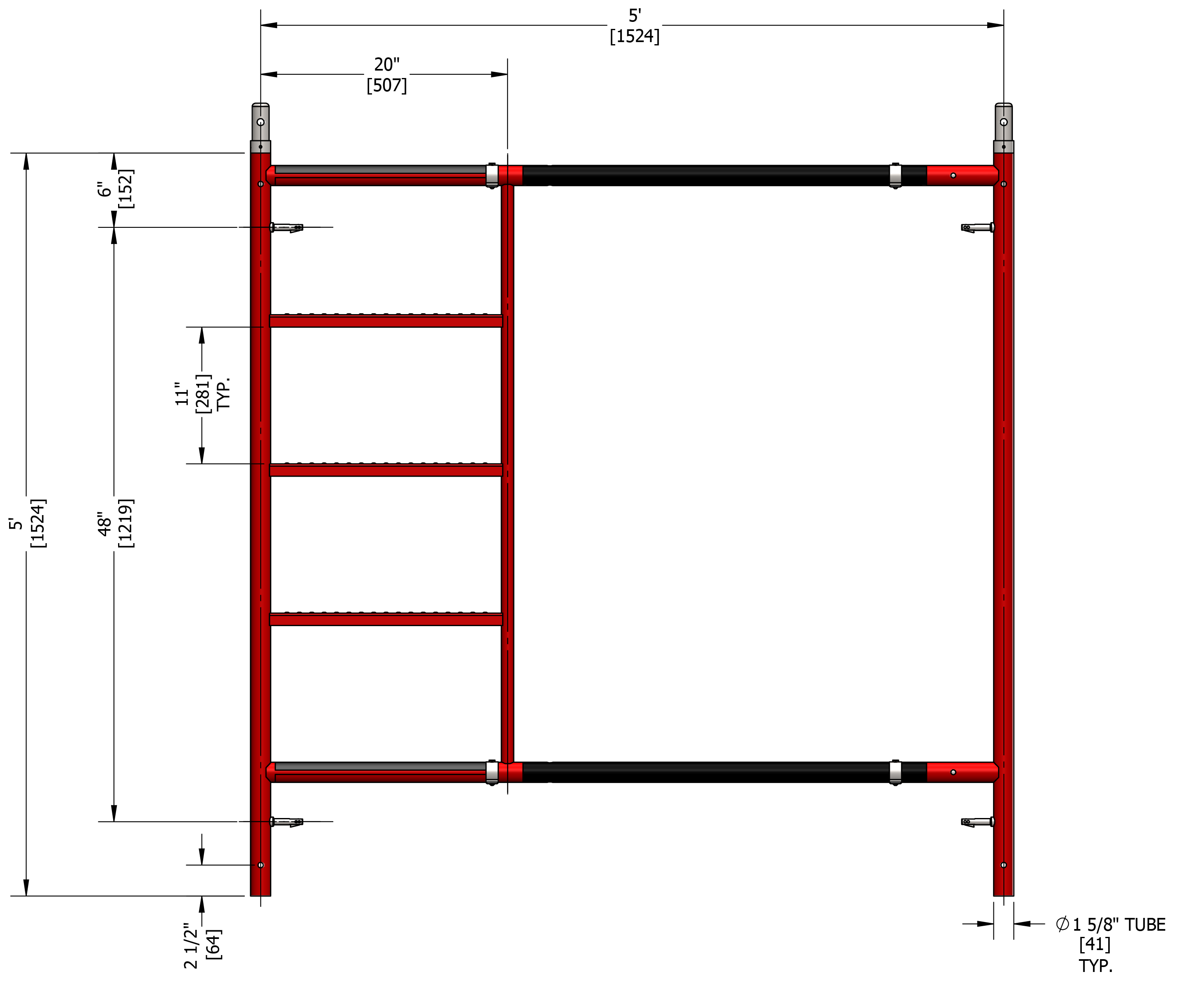 Construcción de Marcos Exteriores/Interiores Tamaño B para Marcos de Albañilería de Acero SCAFFLEX de 5 pies de altura x 1.57 pies de largo Capacidad de 2700 libras Marco de Andamio BFS55KT+BFL