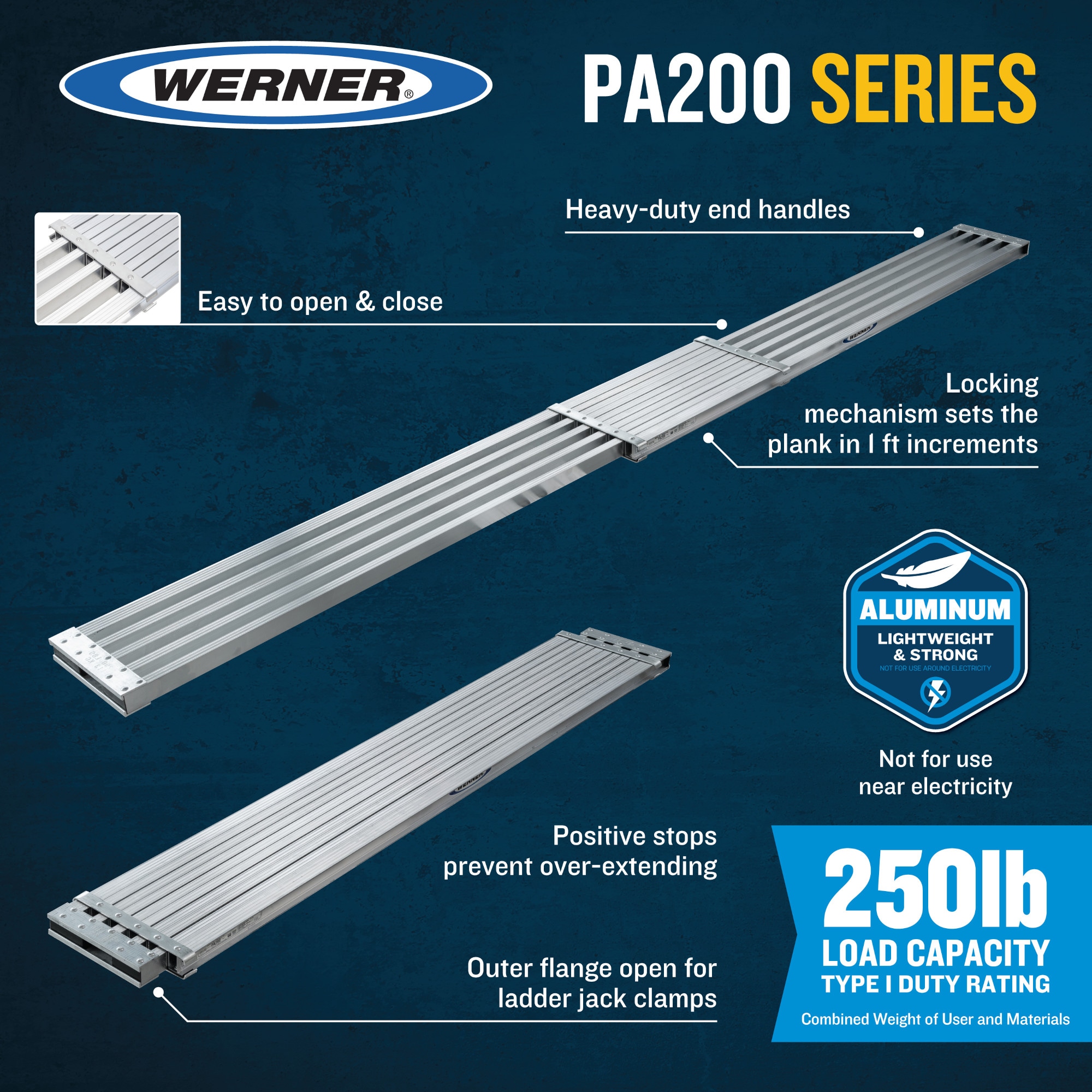 Tabla de andamio de capacidad de 250 libras de aluminio de 2.5 pies de alto por 17 pies de largo modelo PA210 de Werner