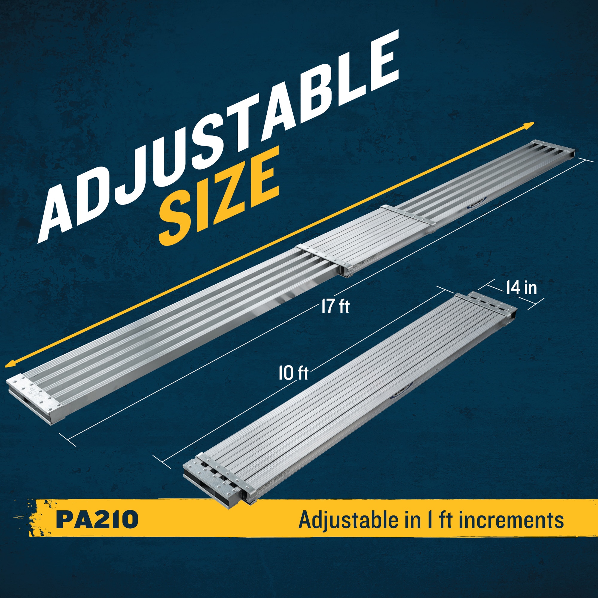 Tabla de andamio de capacidad de 250 libras de aluminio de 2.5 pies de alto por 17 pies de largo modelo PA210 de Werner