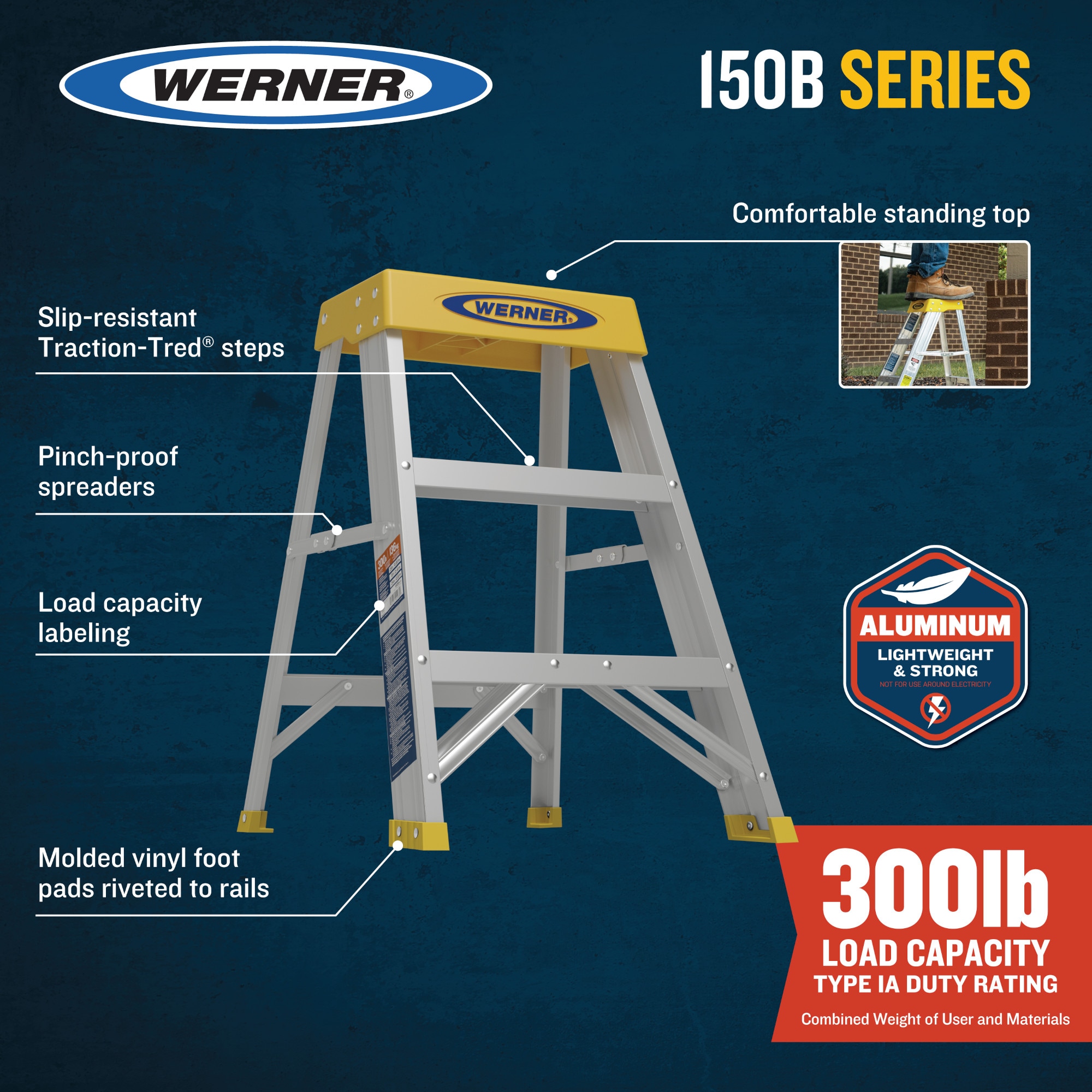 Escalera de aluminio tipo 1A Werner 150B de 2 pies (altura de alcance de 8 pies) con capacidad de carga de 300 libras.