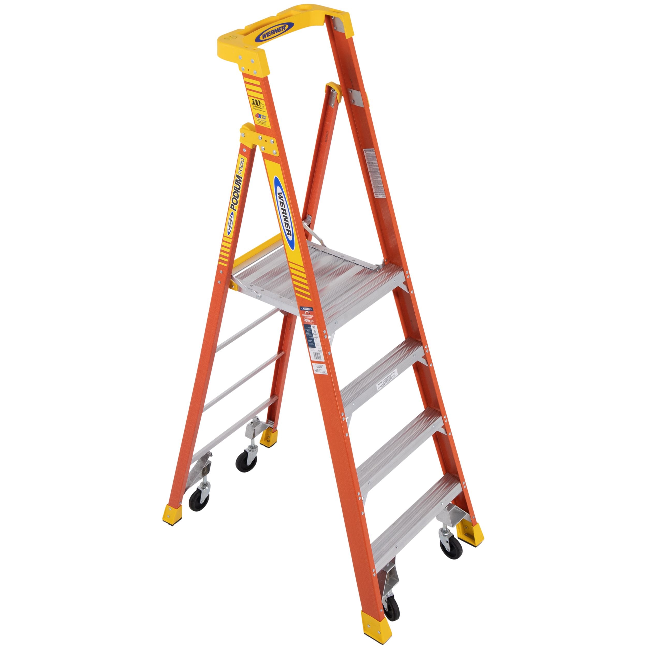 Escalera de plataforma PD6200 de fibra de vidrio de 7 pies (10 pies de altura de alcance) tipo 1A con capacidad de carga de 300 lbs. Modelo PD6204-4C