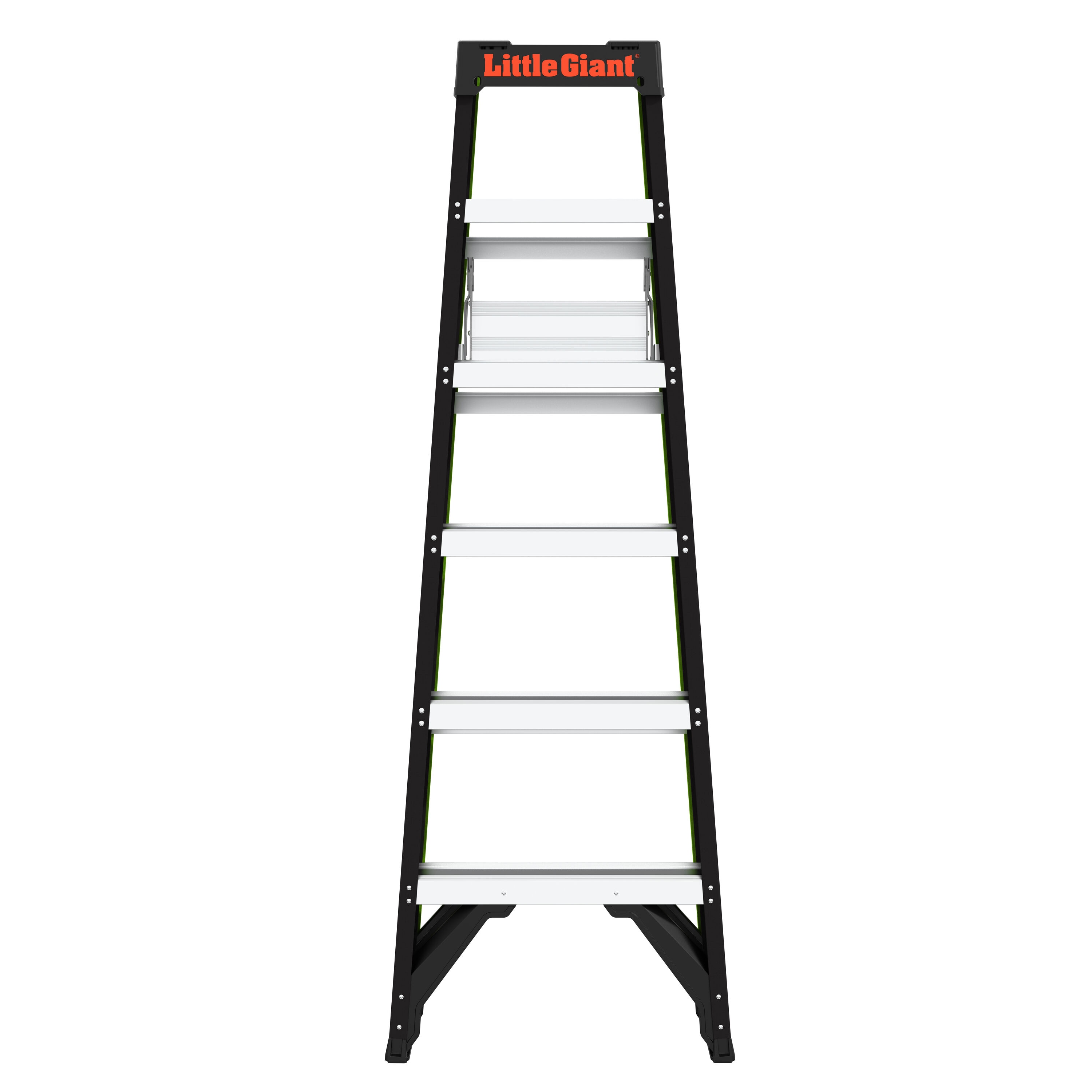 Escalera de tijera de fibra de vidrio de 6 pies (altura de alcance de 10.4 pies) Little Giant Ladders A-Force, capacidad de carga de 250 libras, modelo 15766-002.