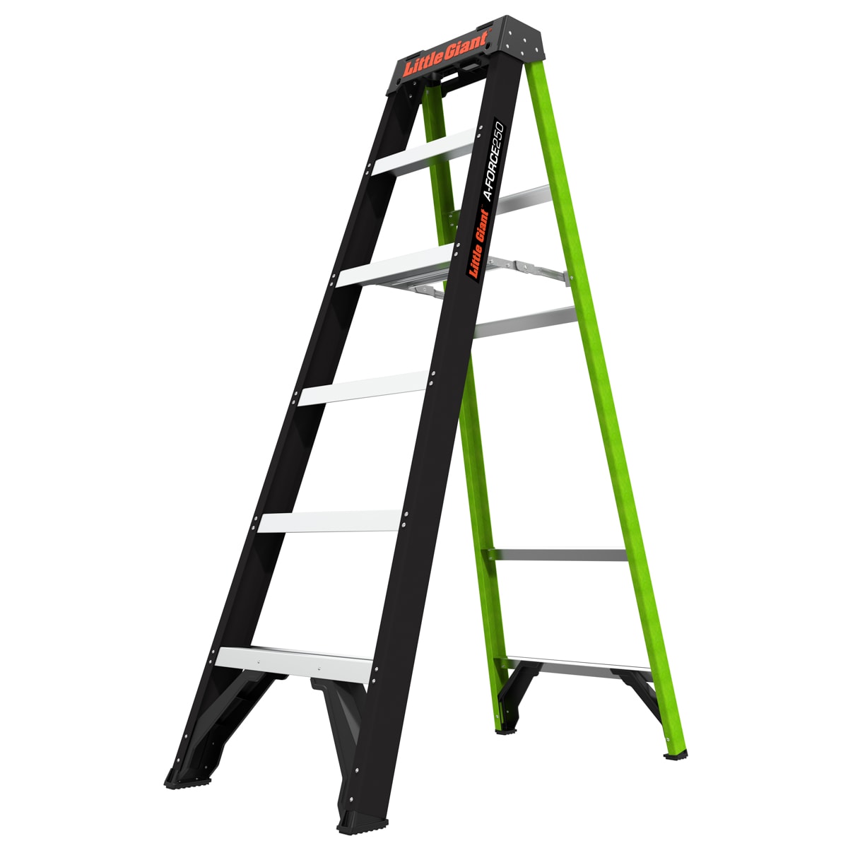 Escalera de tijera de fibra de vidrio de 6 pies (altura de alcance de 10.4 pies) Little Giant Ladders A-Force, capacidad de carga de 250 libras, modelo 15766-002.