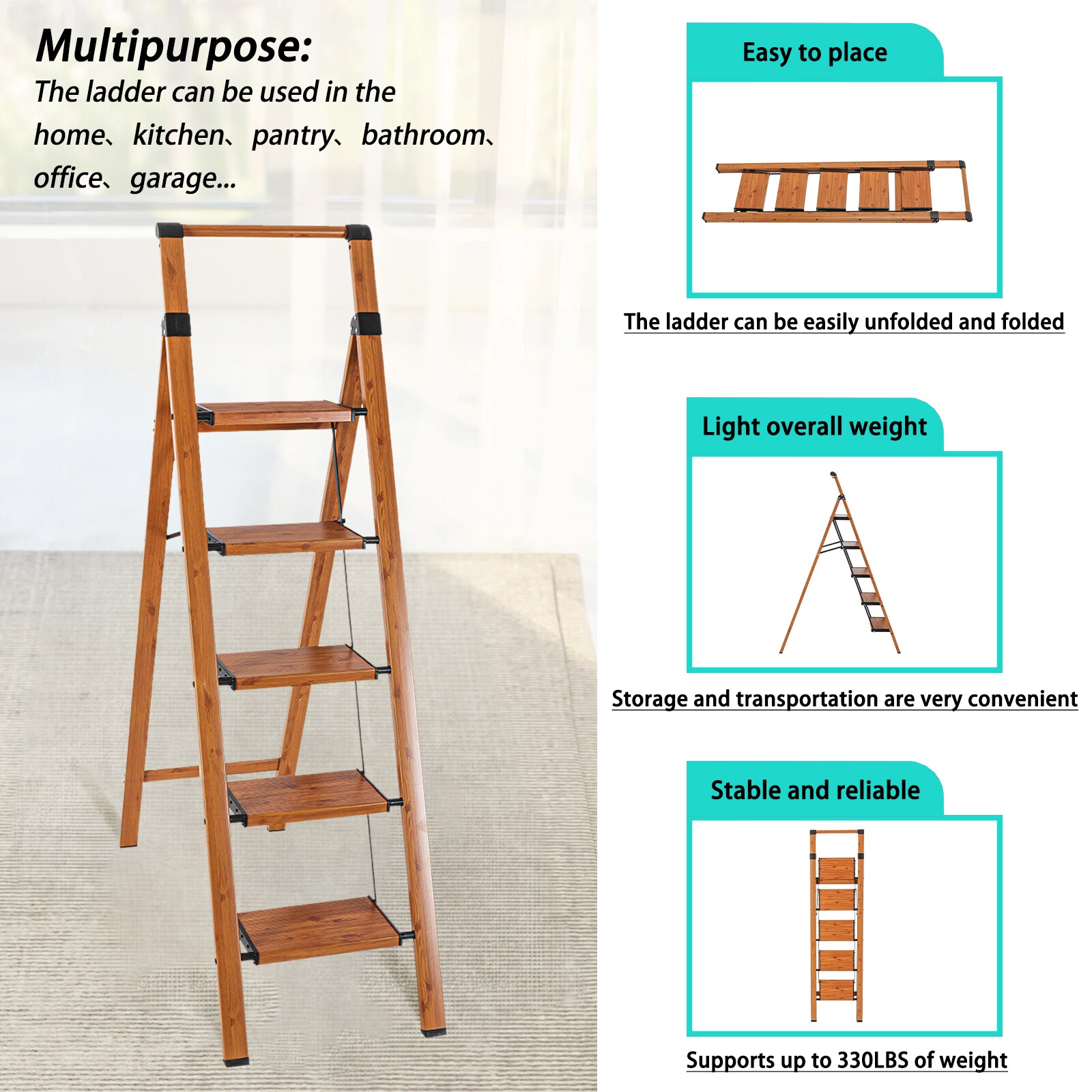 Escalera de aluminio Maocao Hoom de 5.18 pies (altura de alcance de 9.5 pies) tipo 1A, capacidad de carga de 300 libras. Modelo JL-A4-L5M