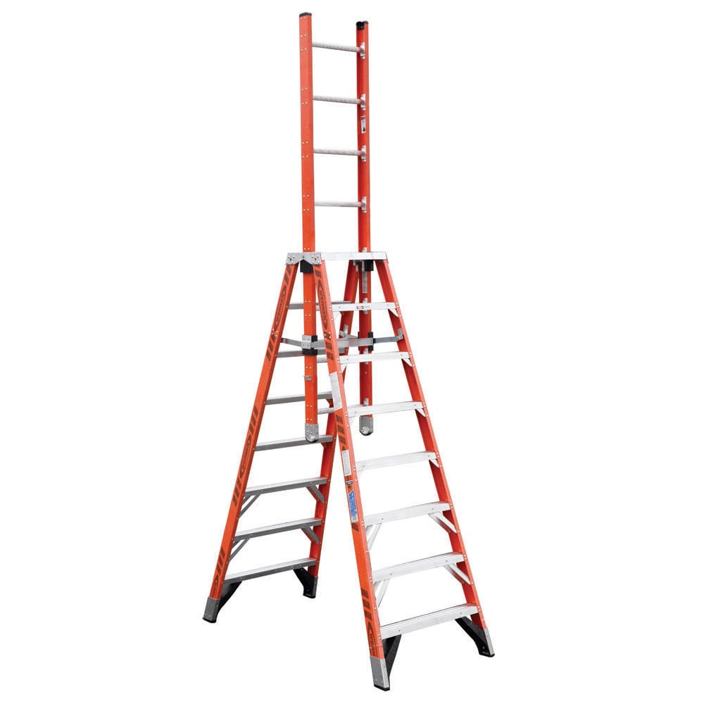 Escalera tijera de trestle de fibra de vidrio Werner D7400 de 8 pies (altura de alcance de 12 pies) Tipo 1A con capacidad de carga de 300 lb E7408.