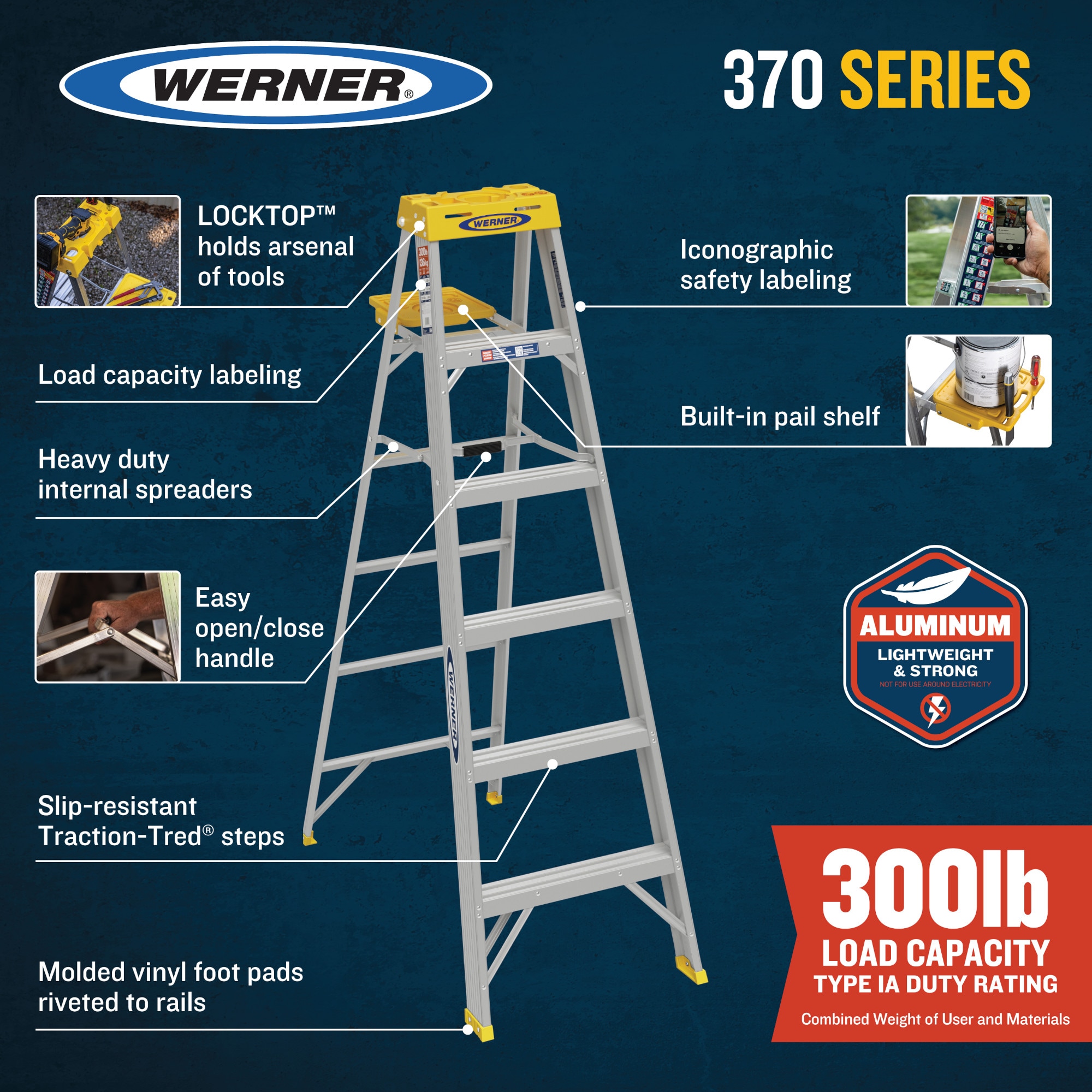 Escalera de aluminio tipo 1A Werner 370 de 3 pies (altura de alcance de 7 pies) - Capacidad de carga de 300 lbs.