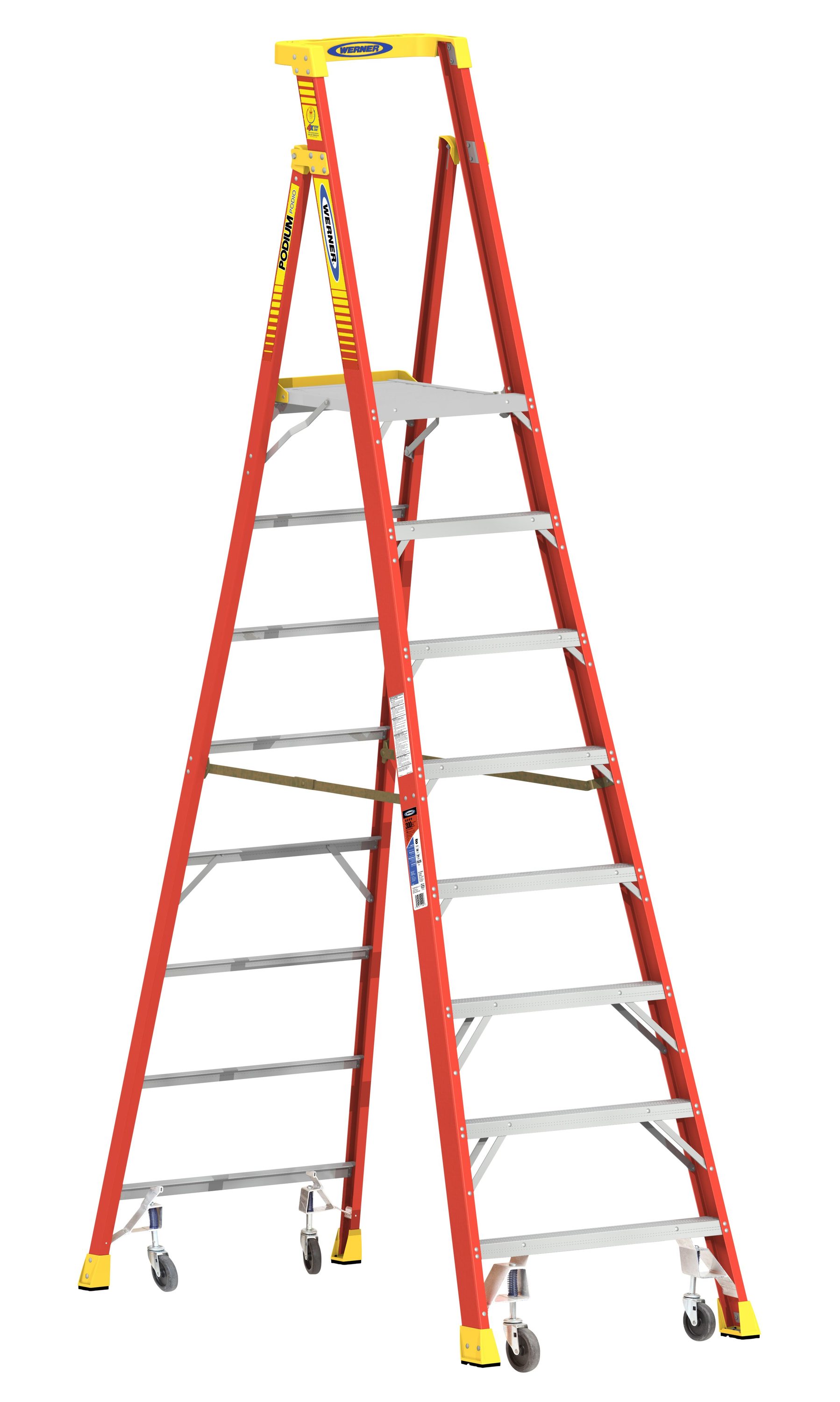 Escalera de Podio de Fibra de Vidrio Tipo 1A Werner PD6200 de 11 pies (altura de alcance de 14 pies) con capacidad de carga de 300 lbs. Modelo PD6208-4C