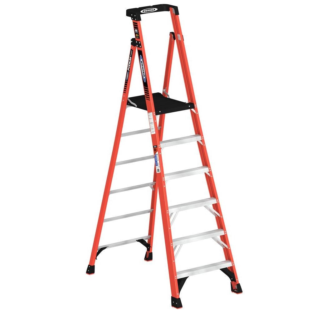 Escalera de podium de fibra de vidrio de 8 pies (altura de alcance de 12 pies) Tipo 1A con capacidad de carga de 300 libras.