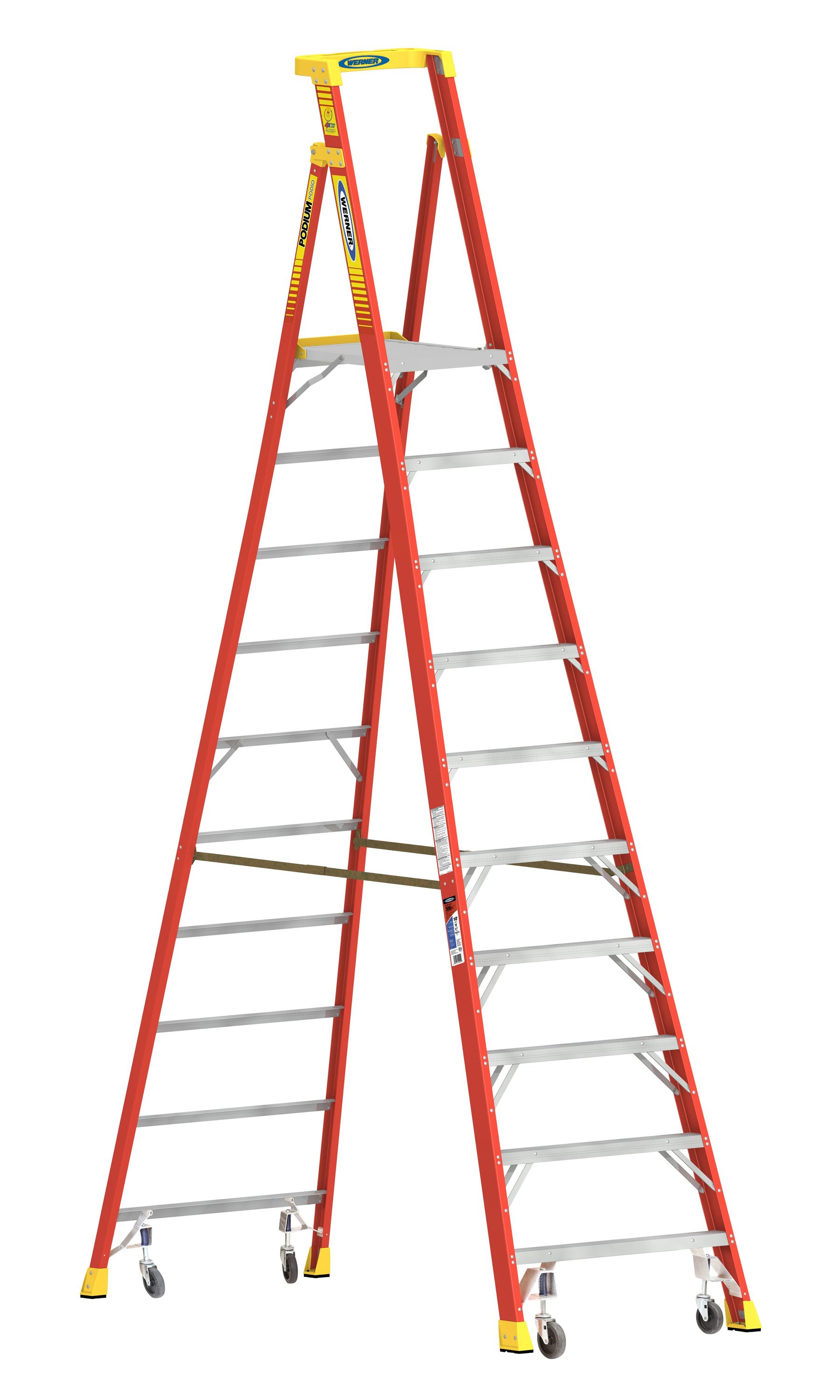 Escalera de plataforma de fibra de vidrio Tipo 1A de 12 pies (altura de alcance de 16 pies) con capacidad de carga de 300 libras Werner PD6200 PD6210-4C