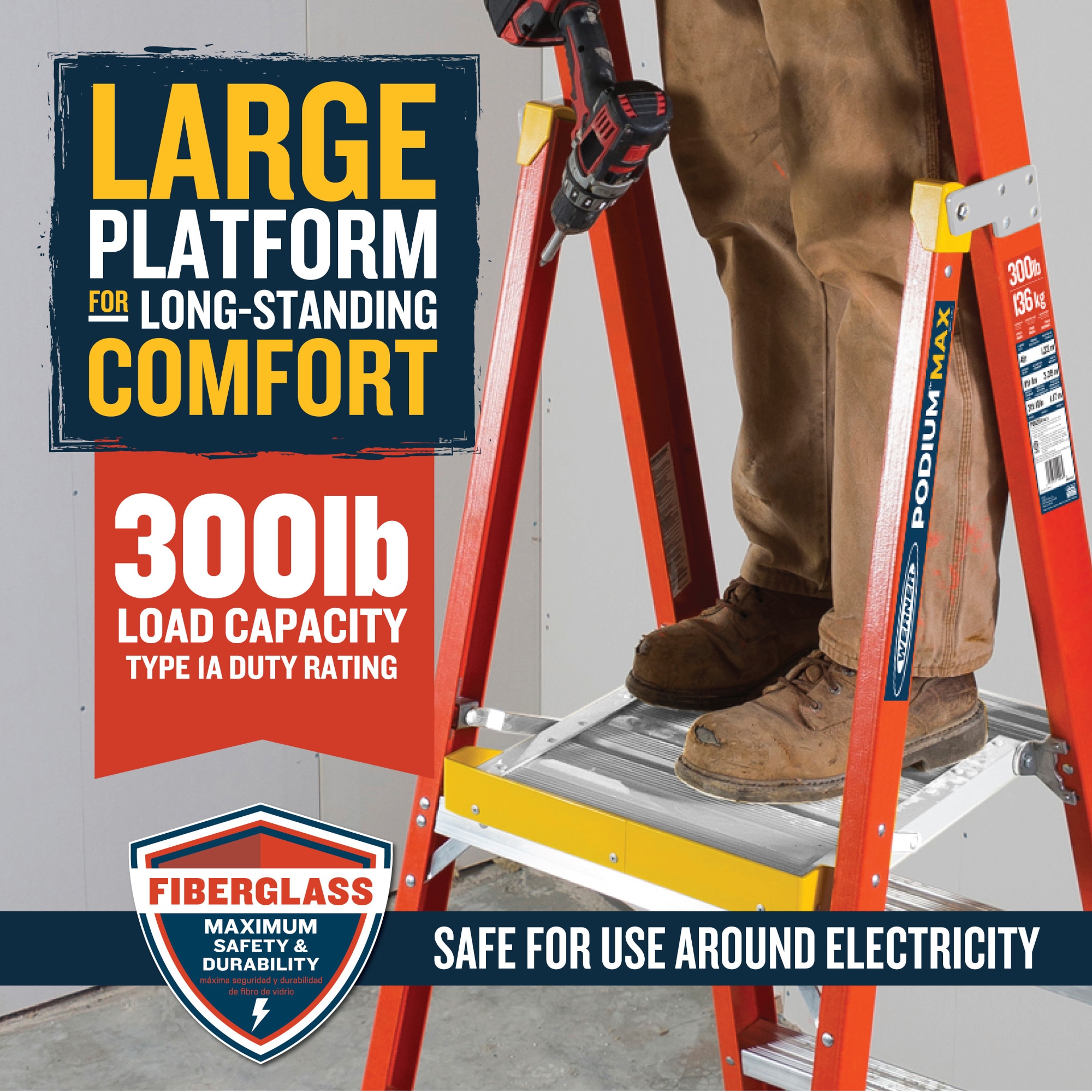 Escalera de plataforma Werner PD6200 de 6 pies (altura de alcance de 8 pies) en fibra de vidrio Tipo 1A - Capacidad de carga de 300 libras. Escalera de podium PD6202.