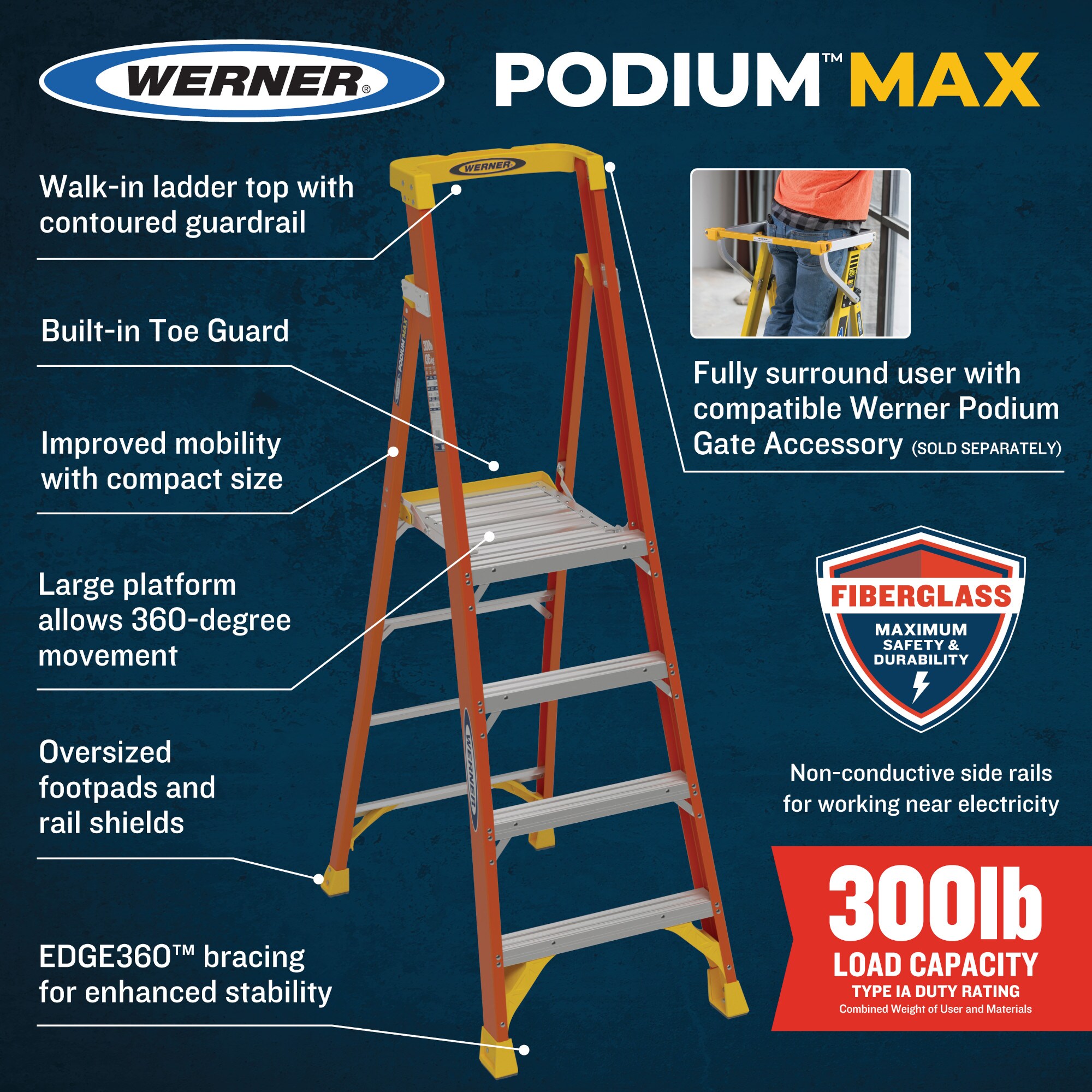 Escalera de plataforma Werner PD6200 de 6 pies (altura de alcance de 8 pies) en fibra de vidrio Tipo 1A - Capacidad de carga de 300 libras. Escalera de podium PD6202.