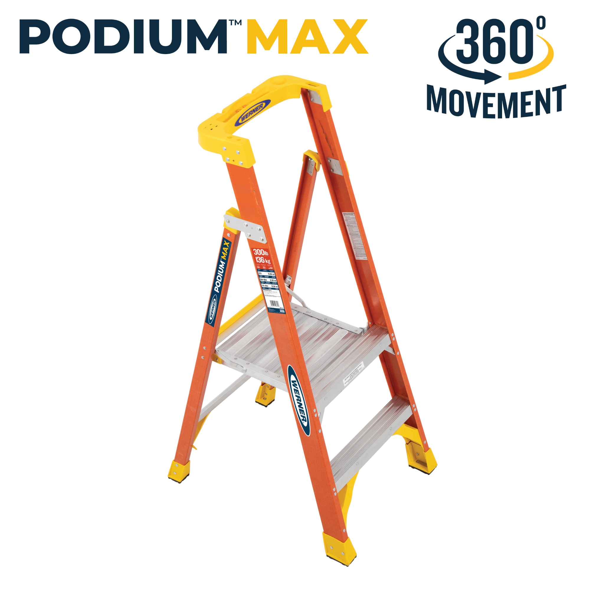 Escalera de plataforma Werner PD6200 de 6 pies (altura de alcance de 8 pies) en fibra de vidrio Tipo 1A - Capacidad de carga de 300 libras. Escalera de podium PD6202.