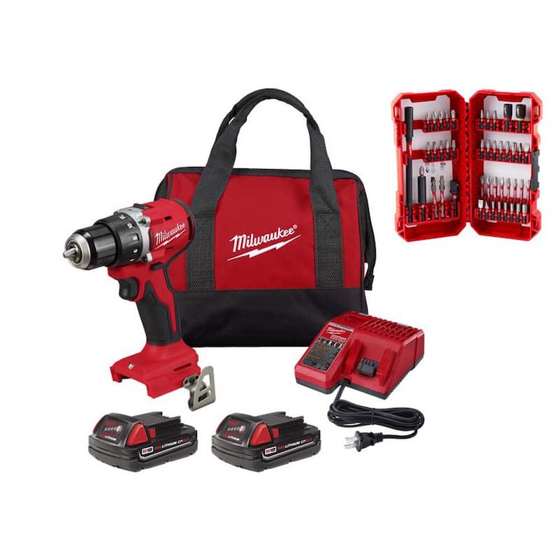 Juego de taladro/destornillador compacto Milwaukee M18 18V de iones de litio sin escobillas inalámbrico de 1/2 pulg. con juego de puntas para destornillador SHOCKWAVE (45 piezas) - 3601-22CT-48-32-4023