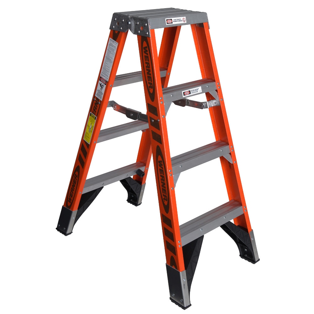 Escalera gemela de fibra de vidrio Tipo 1AA Werner T700 de 4 pies (altura de alcance de 8 pies) - Capacidad de carga de 375 libras modelo T7404