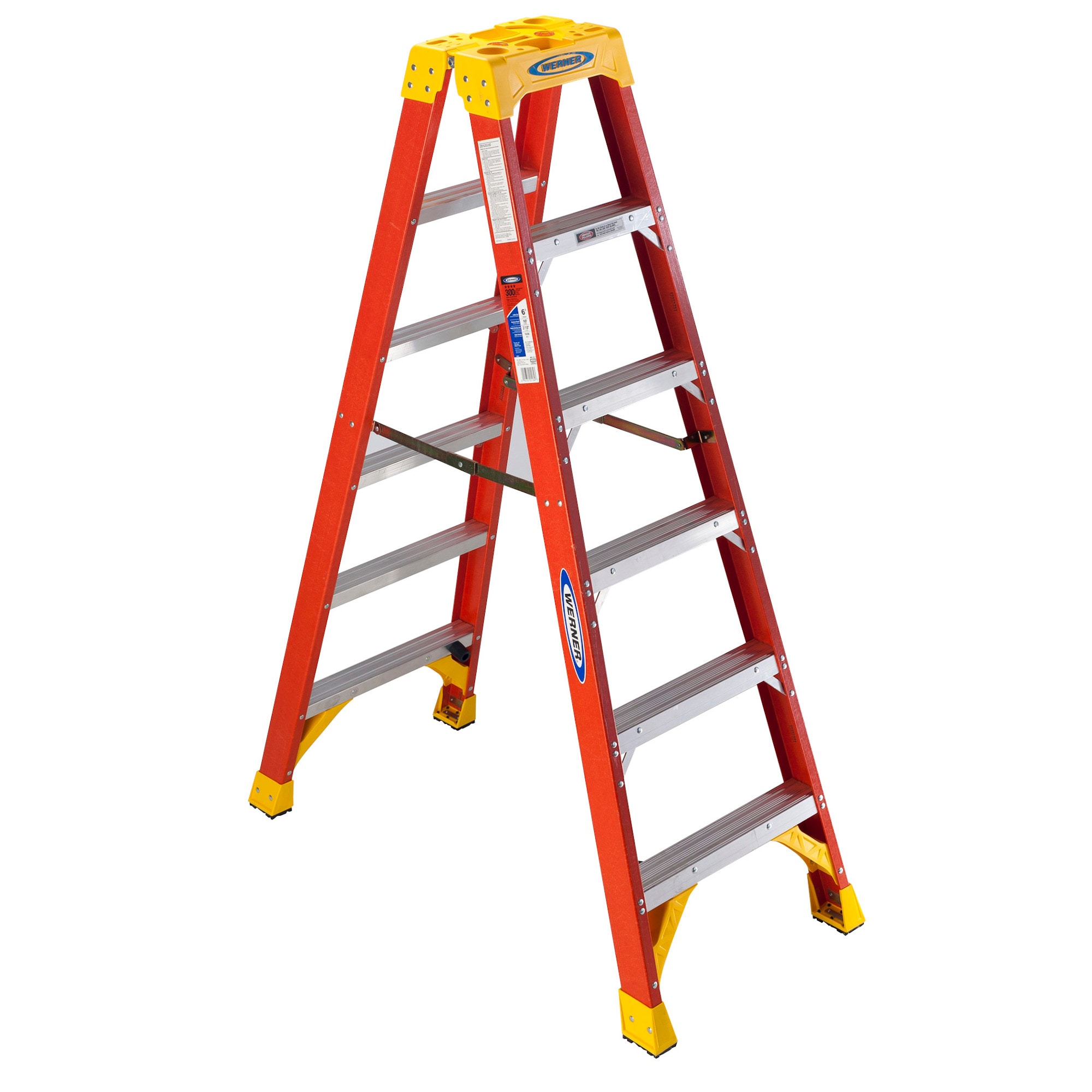 Escalera gemela T6206 de fibra de vidrio tipo 1A de 6 pies (altura de alcance de 10 pies) con capacidad de carga de 300 libras.