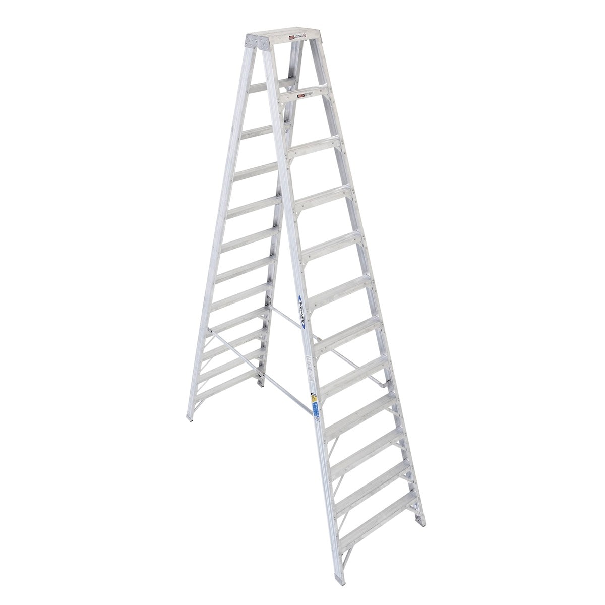 Escalera gemela de aluminio Tipo 1AA Werner T412 de 12 pies (altura de alcance de 16 pies) con capacidad de carga de 375 libras.